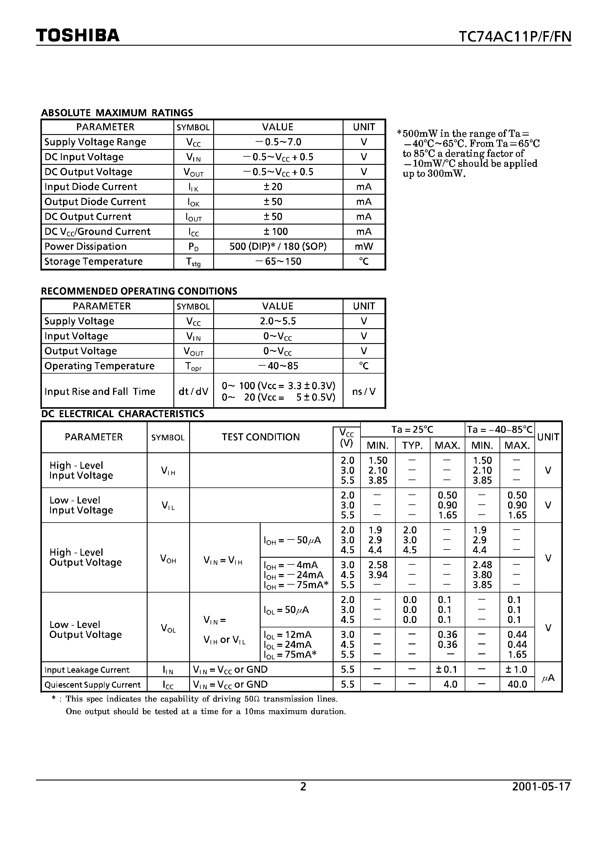 Datasheet TC74AC11F page 2 Datasheet TC74AC11F - TRIPLE 3-INPUT AND GATE page 2