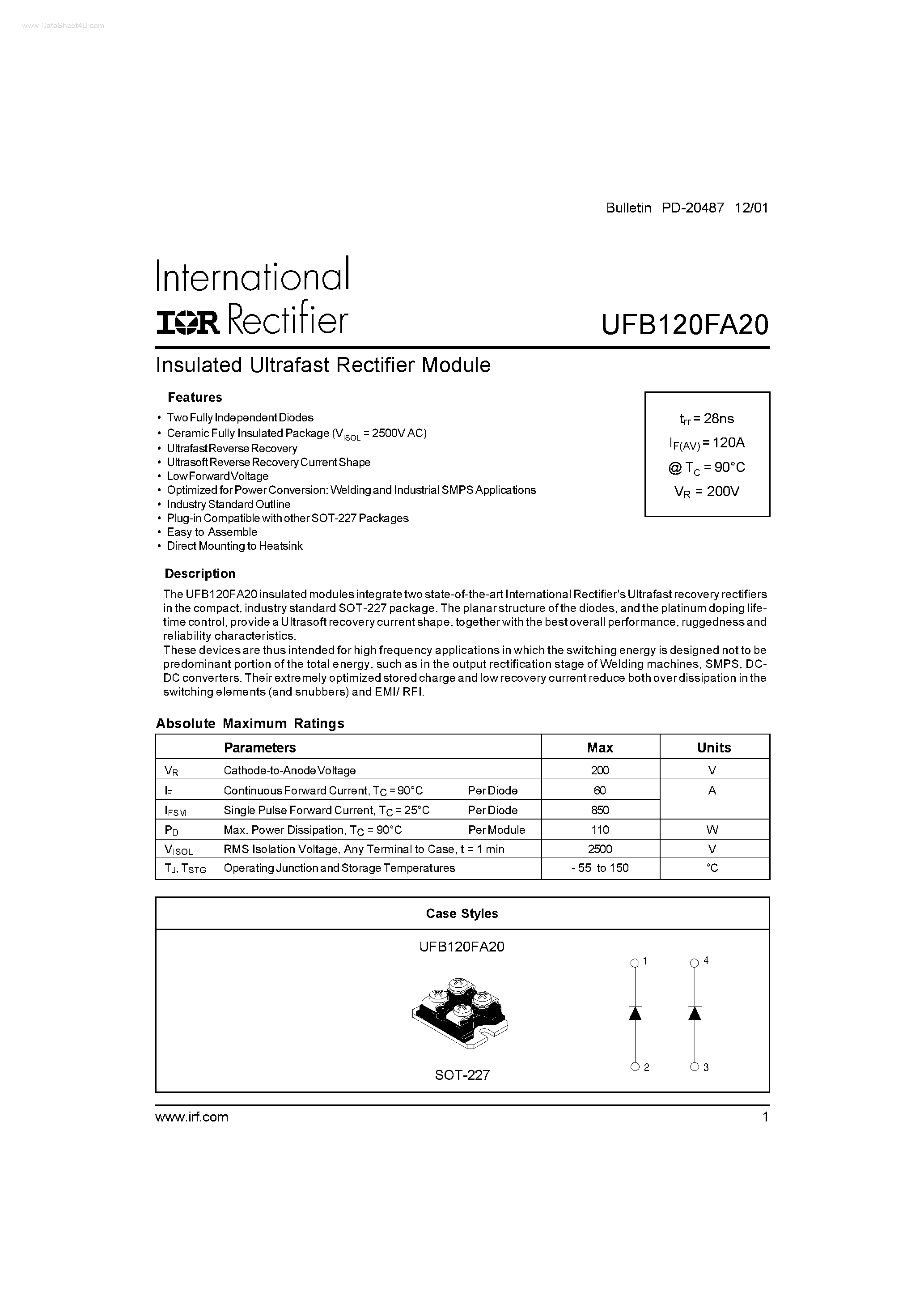 Datasheet UFB120FA20 - Insulated Ultrafast Rectifier Module page 1