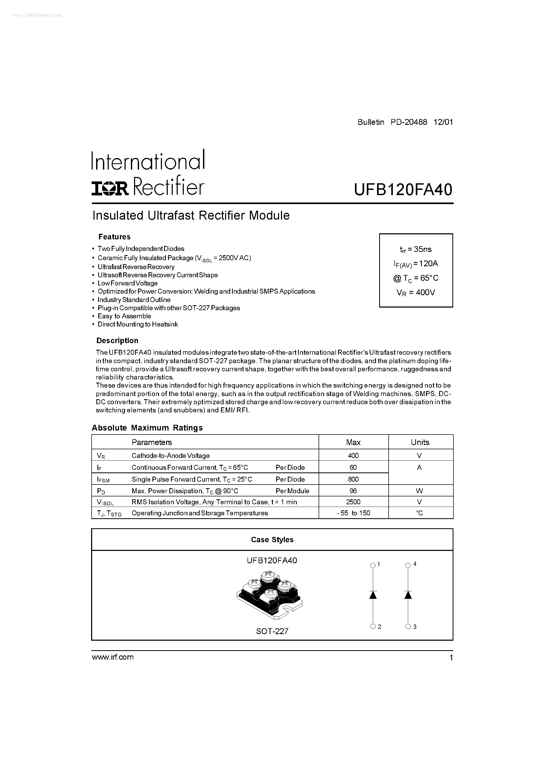 Datasheet UFB120FA40 page 1 Datasheet UFB120FA40 - Insulated Ultrafast Rectifier Module page 1