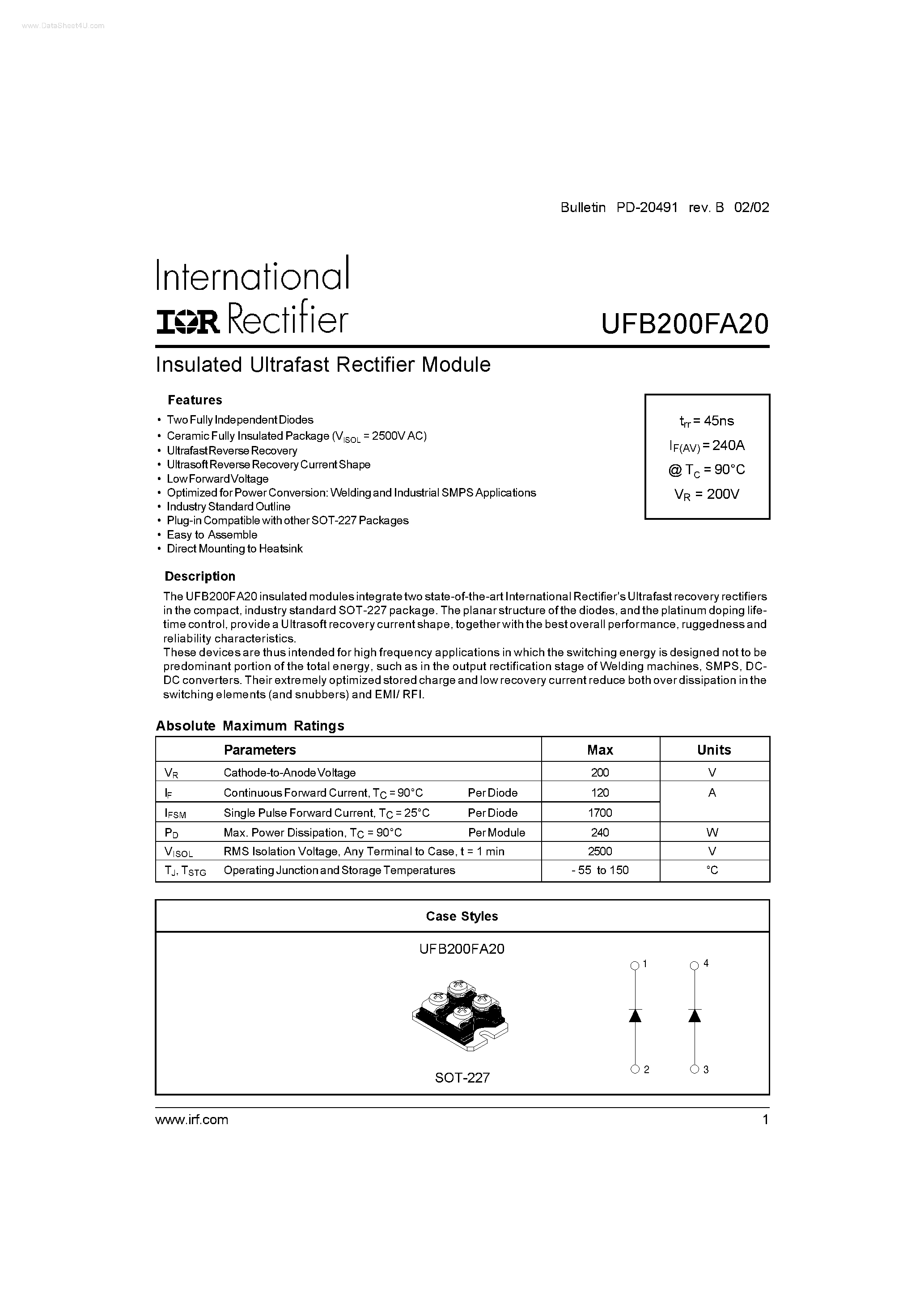 Datasheet UFB200FA20 page 1 Datasheet UFB200FA20 - Insulated Ultrafast Rectifier Module page 1