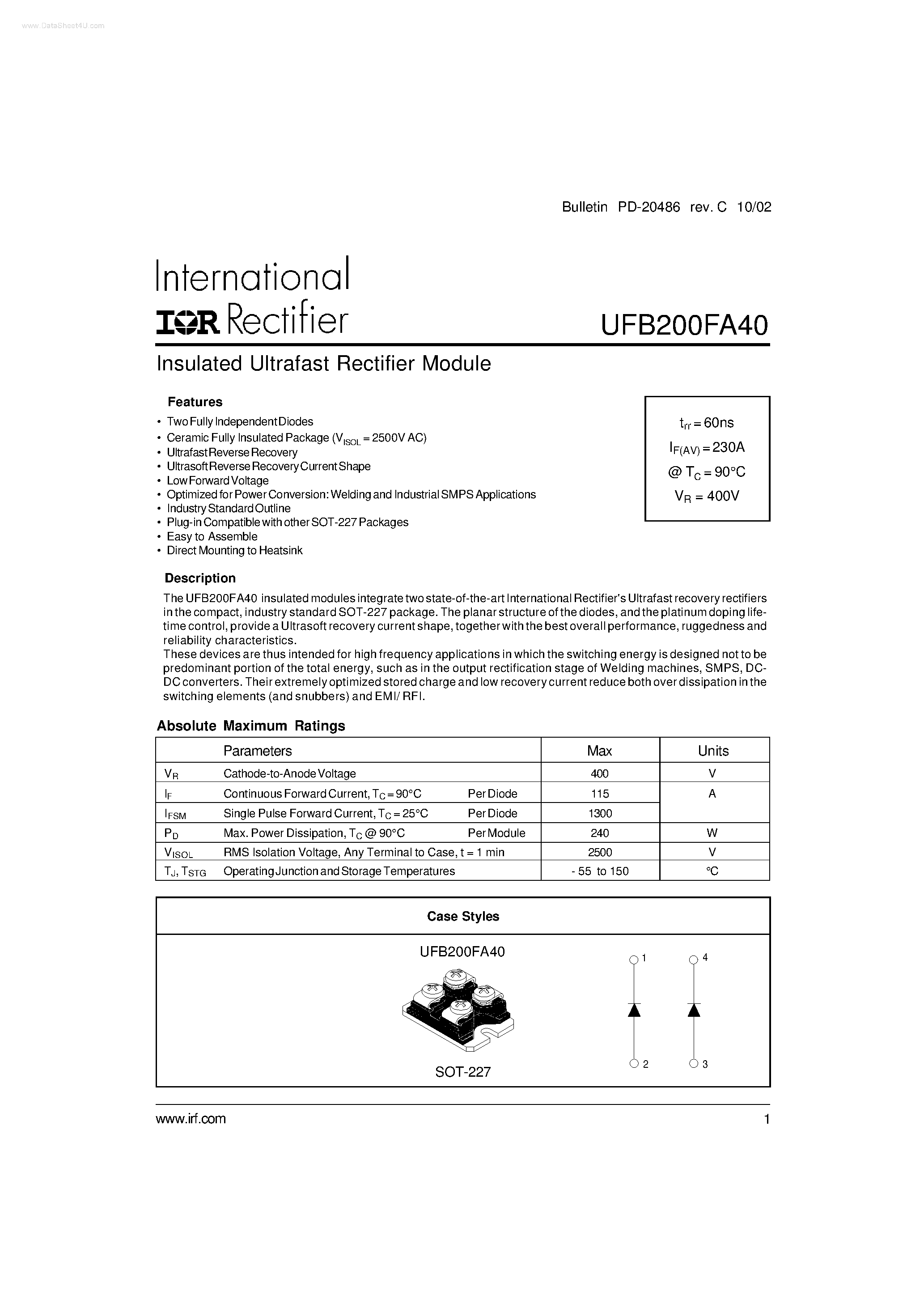 Datasheet UFB200FA40 page 1 Datasheet UFB200FA40 - Insulated Ultrafast Rectifier Module page 1