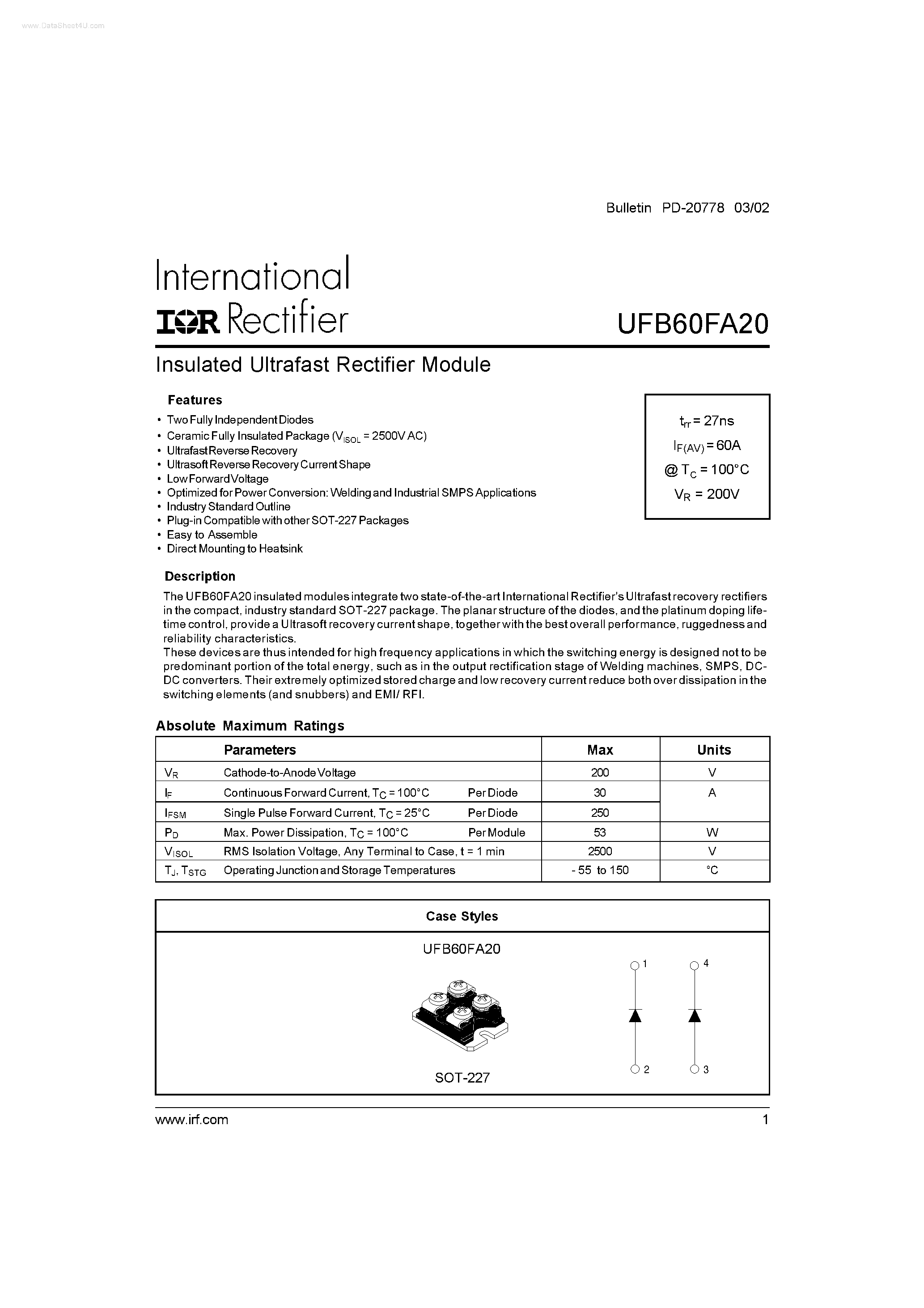 Datasheet UFB60FA20 page 1 Datasheet UFB60FA20 - Insulated Ultrafast Rectifier Module page 1