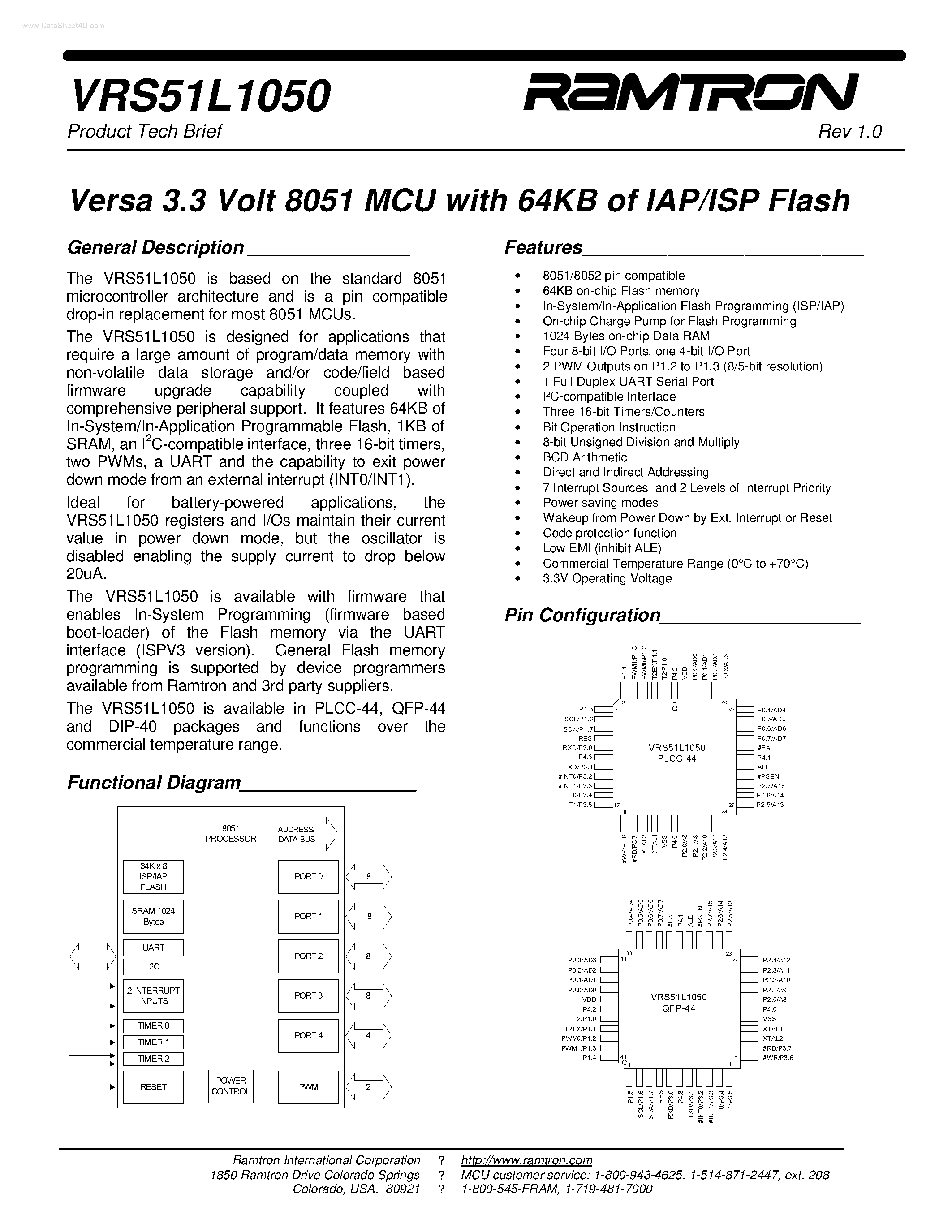 Datasheet VRS51L1050 - Versa 3.3 Volt 8051 MCU page 1