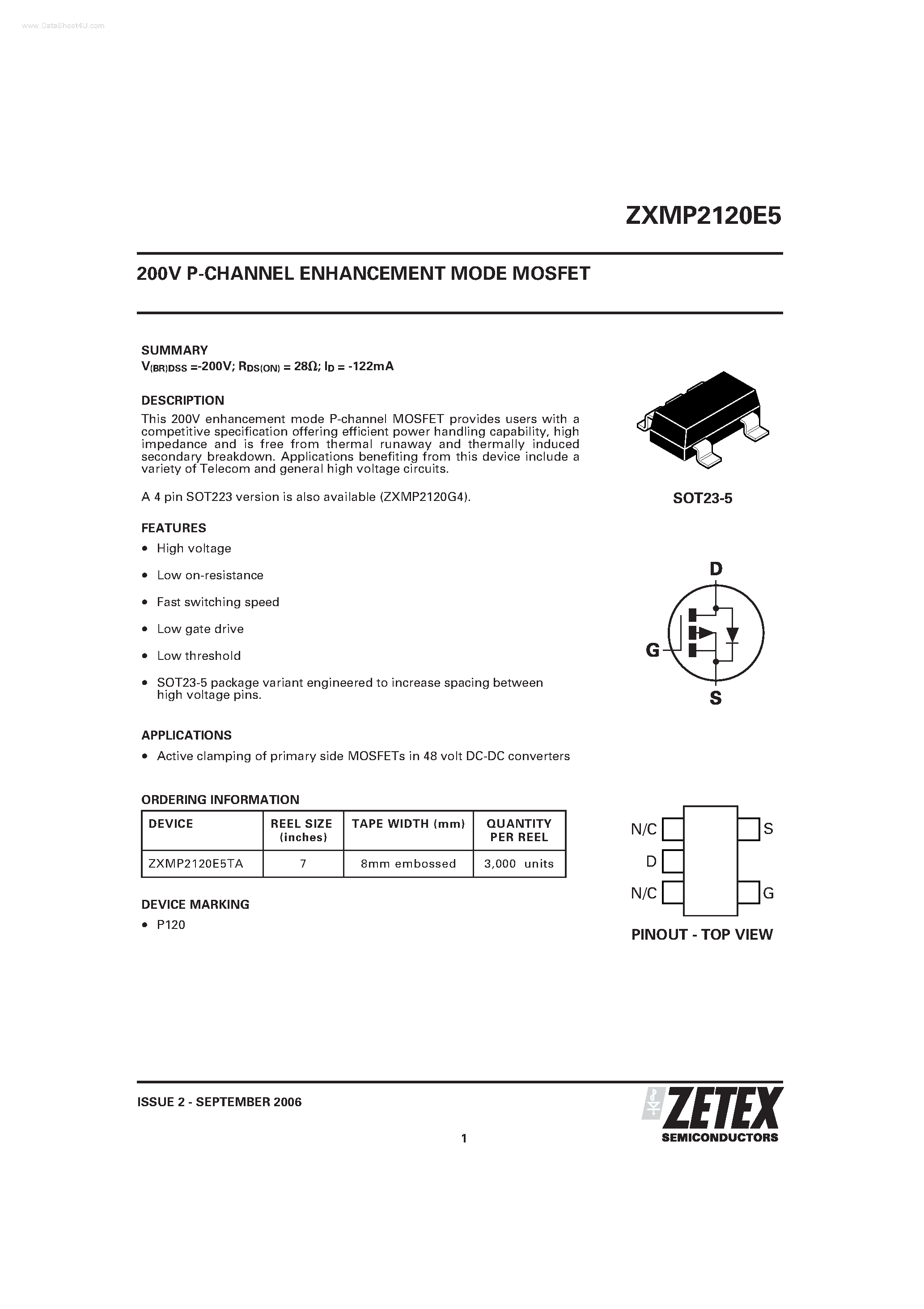 Даташит на микросхему ZXMP2120E5 страница 1 Даташит ZXMP2120E5 - 200V P-CHANNEL ENHANCEMENT MODE MOSFET страница 1