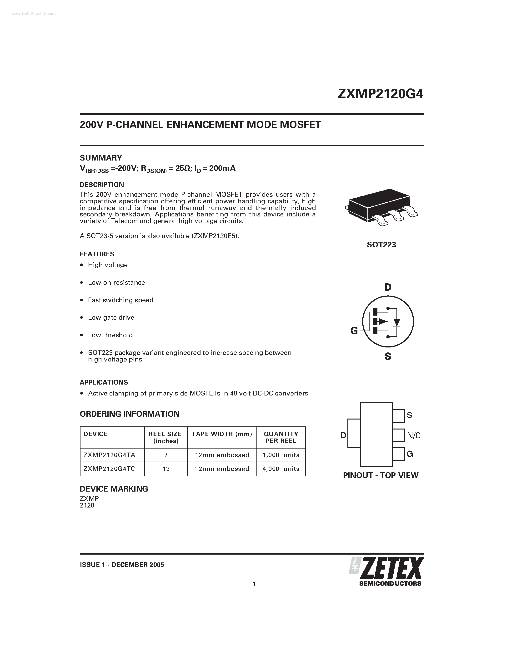 Даташит на микросхему ZXMP2120G4 страница 1 Даташит ZXMP2120G4 - 200V P-CHANNEL ENHANCEMENT MODE MOSFET страница 1