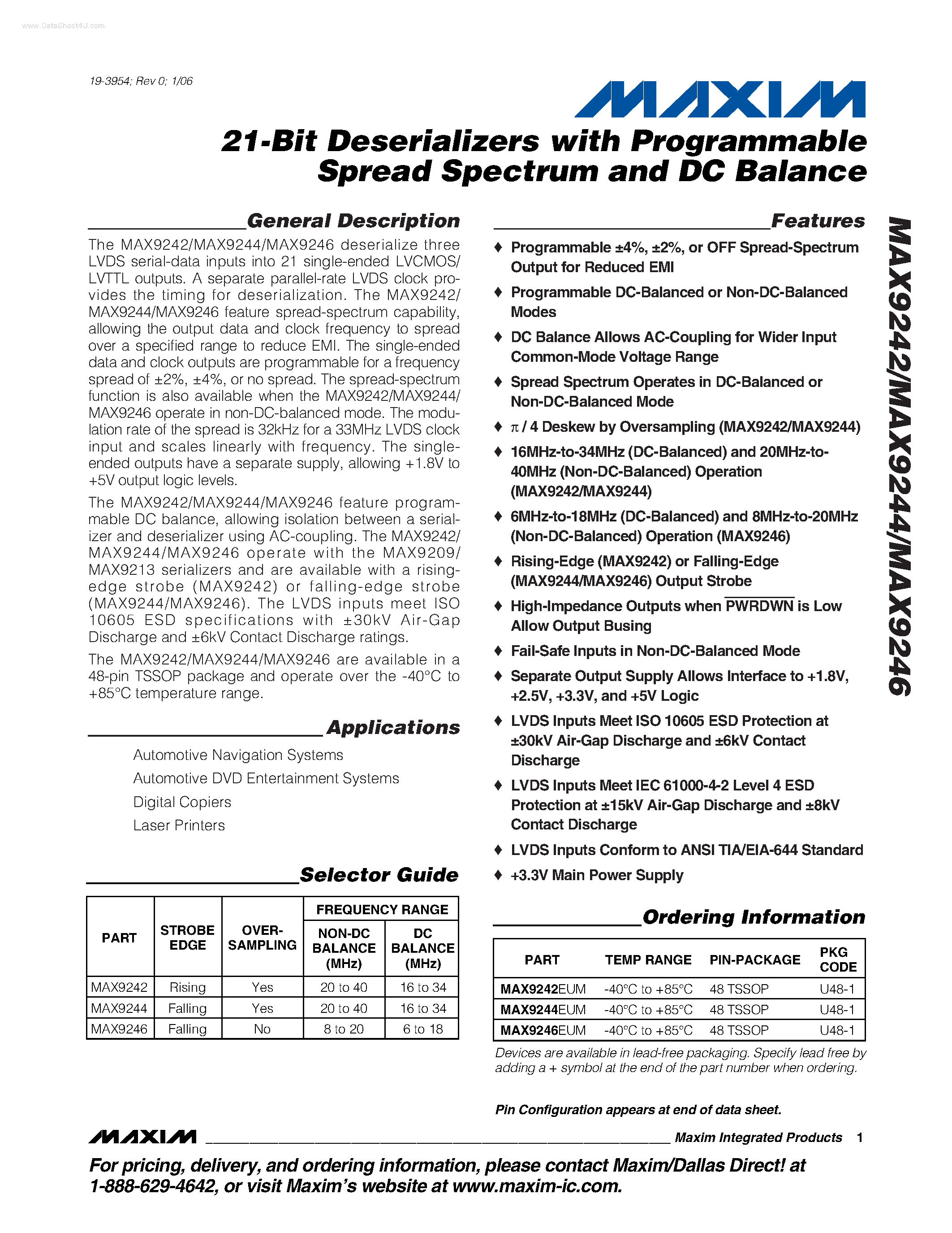 Datasheet MAX9242 page 1 Datasheet MAX9242 - (MAX9242 - MAX9246) 21-Bit Deserializers page 1