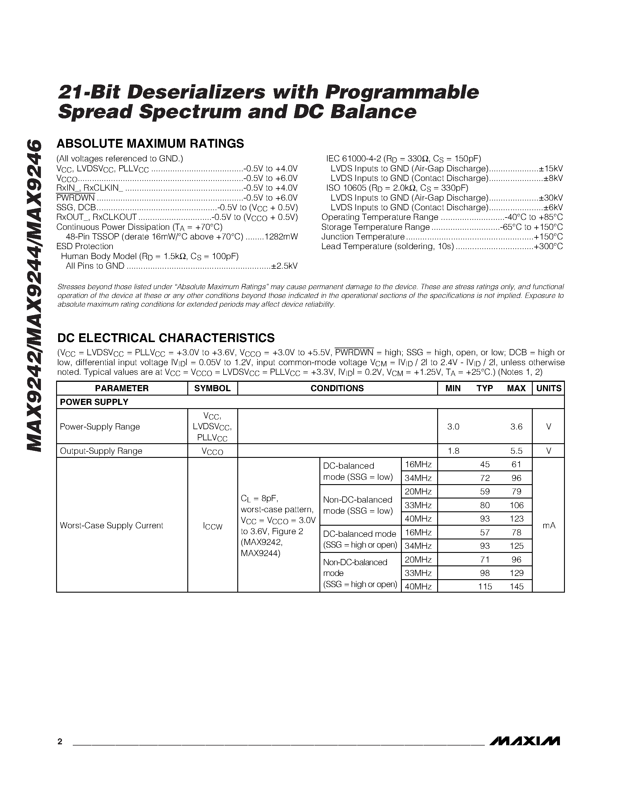 Datasheet MAX9242 page 2 Datasheet MAX9242 - (MAX9242 - MAX9246) 21-Bit Deserializers page 2