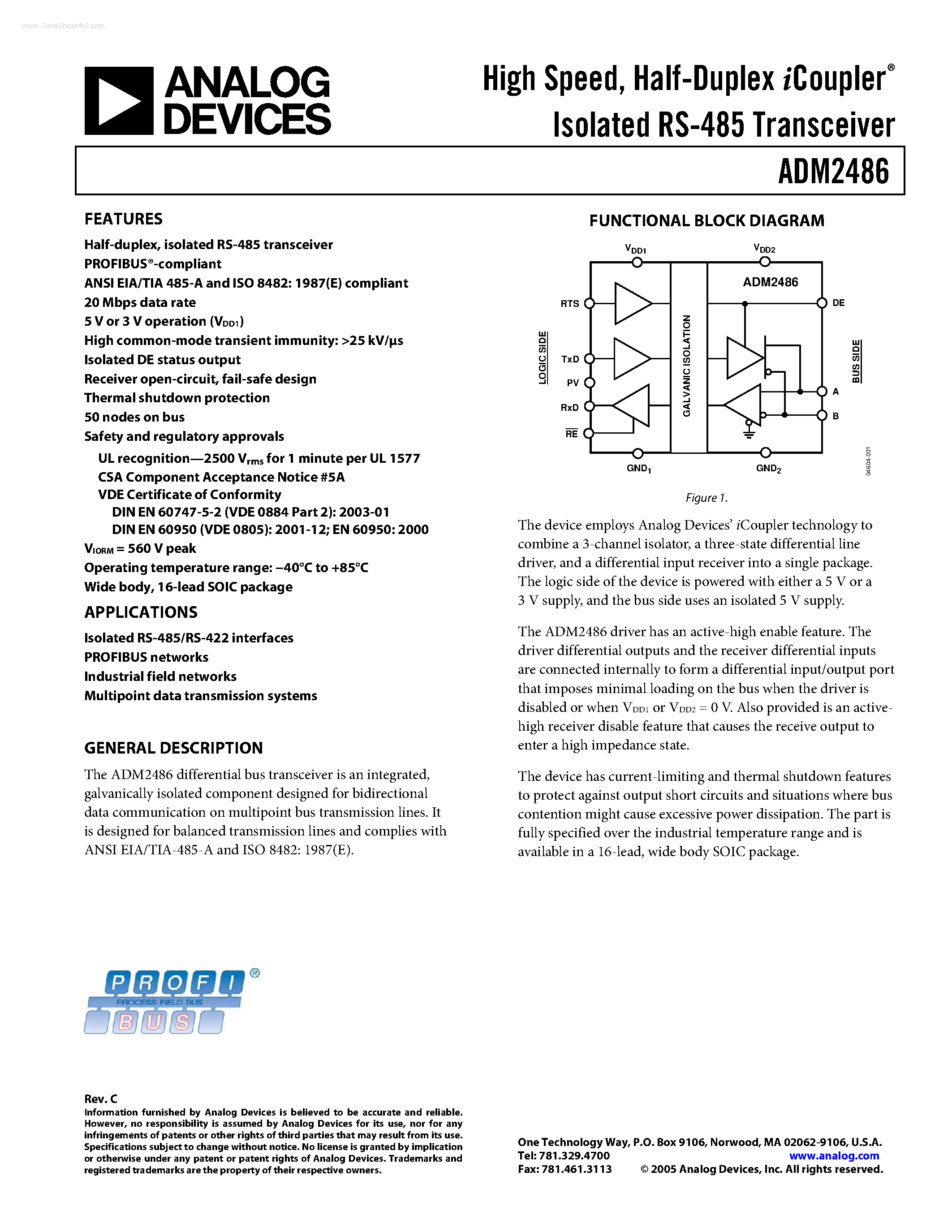 Datasheet ADM2486 - Half-Duplex iCoupler Isolated RS-485 Transceiver page 1