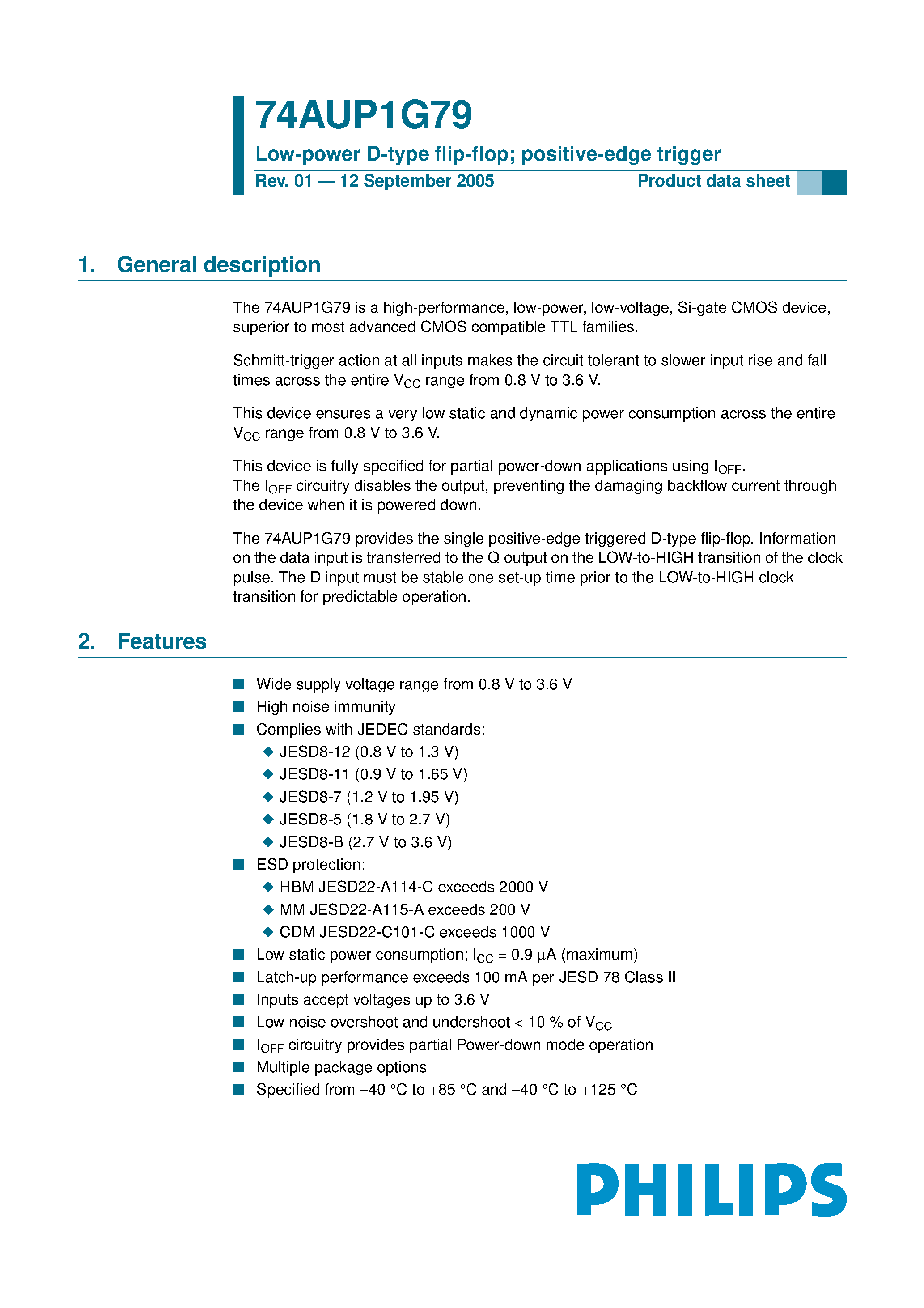 Datasheet 74AUP1G79 page 1 Datasheet 74AUP1G79 - Low-power D-type flip-flop page 1