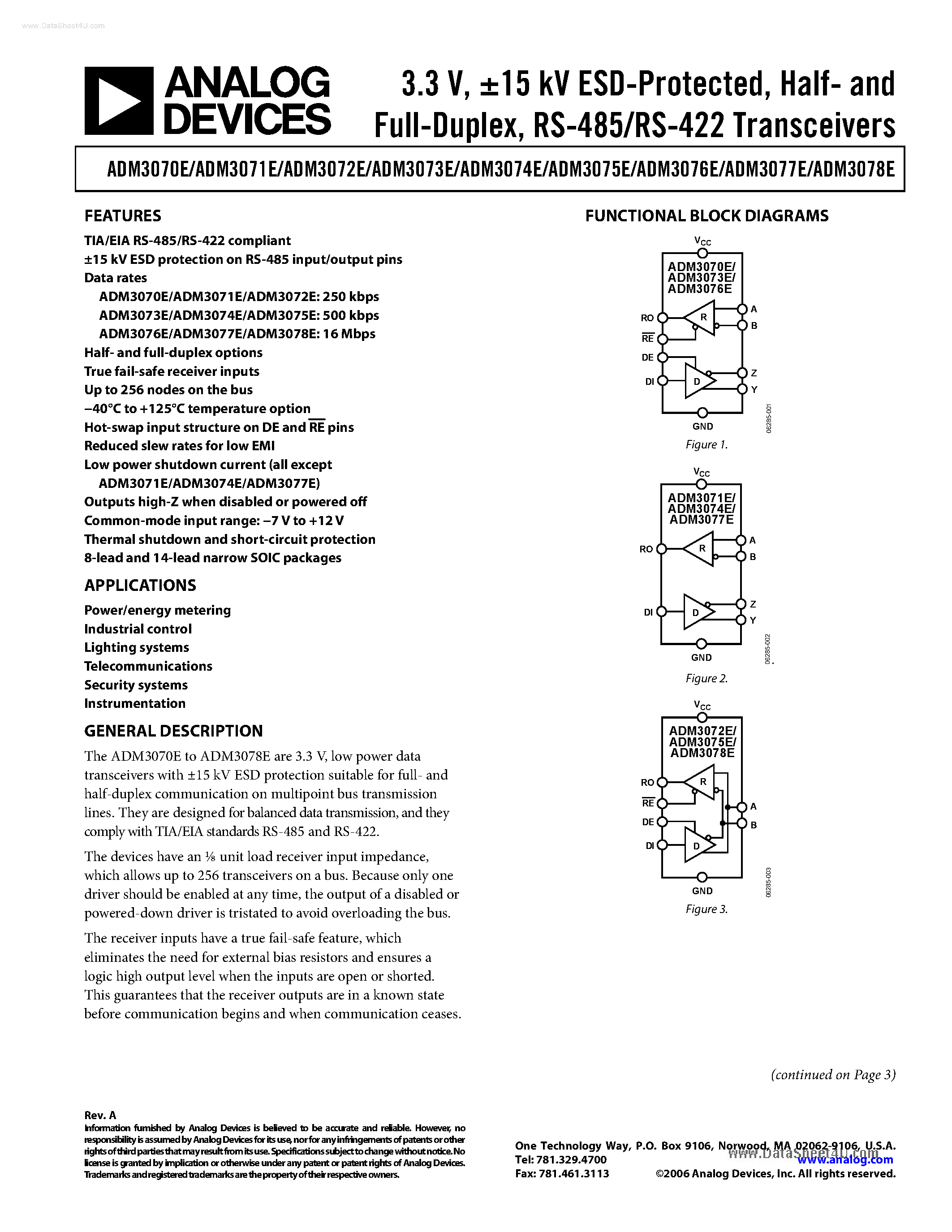 Даташит ADM3070E - (ADM3070E - ADM3078E) low power data transceivers страница 1
