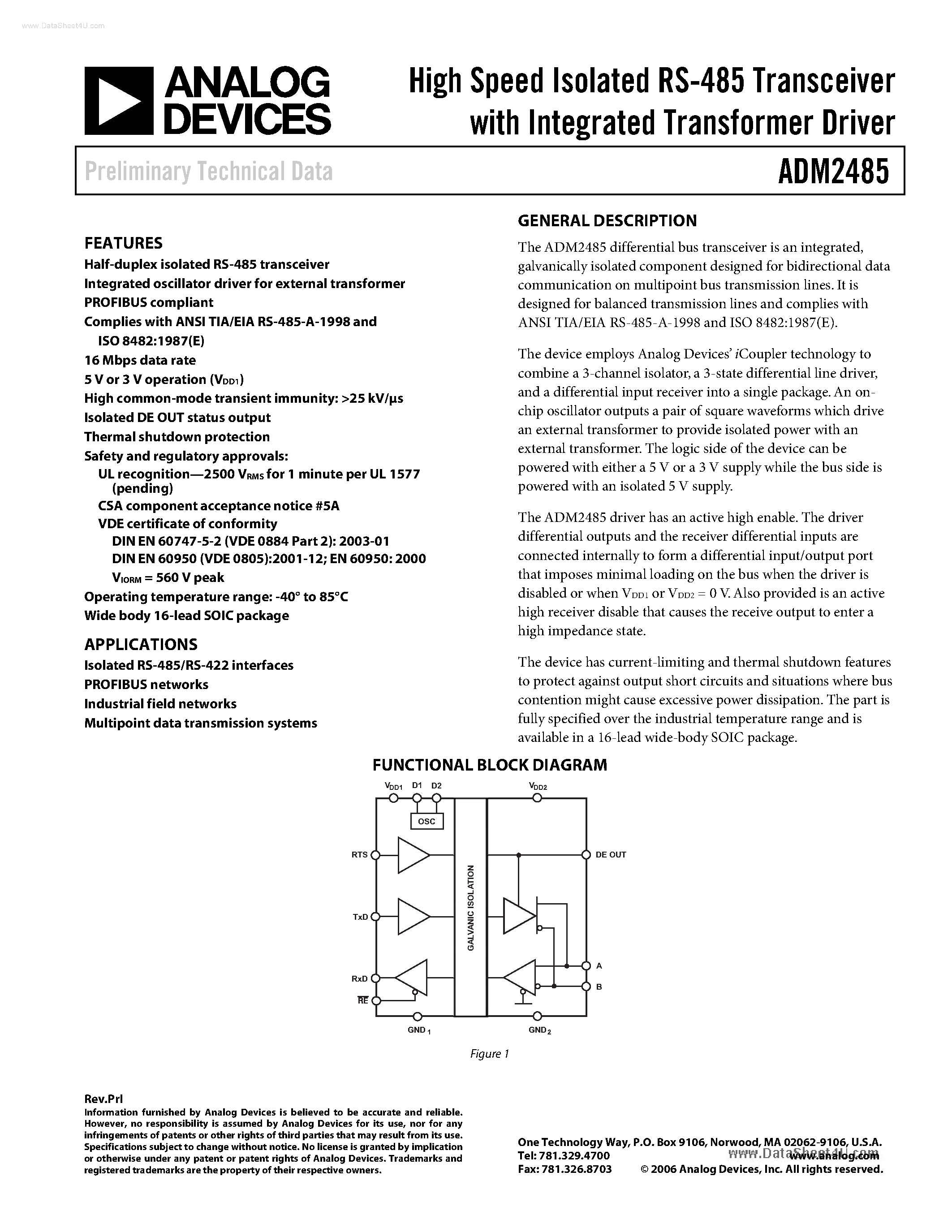 Datasheet ADM2485 - High Speed Isolated RS-485 Transceiver page 1