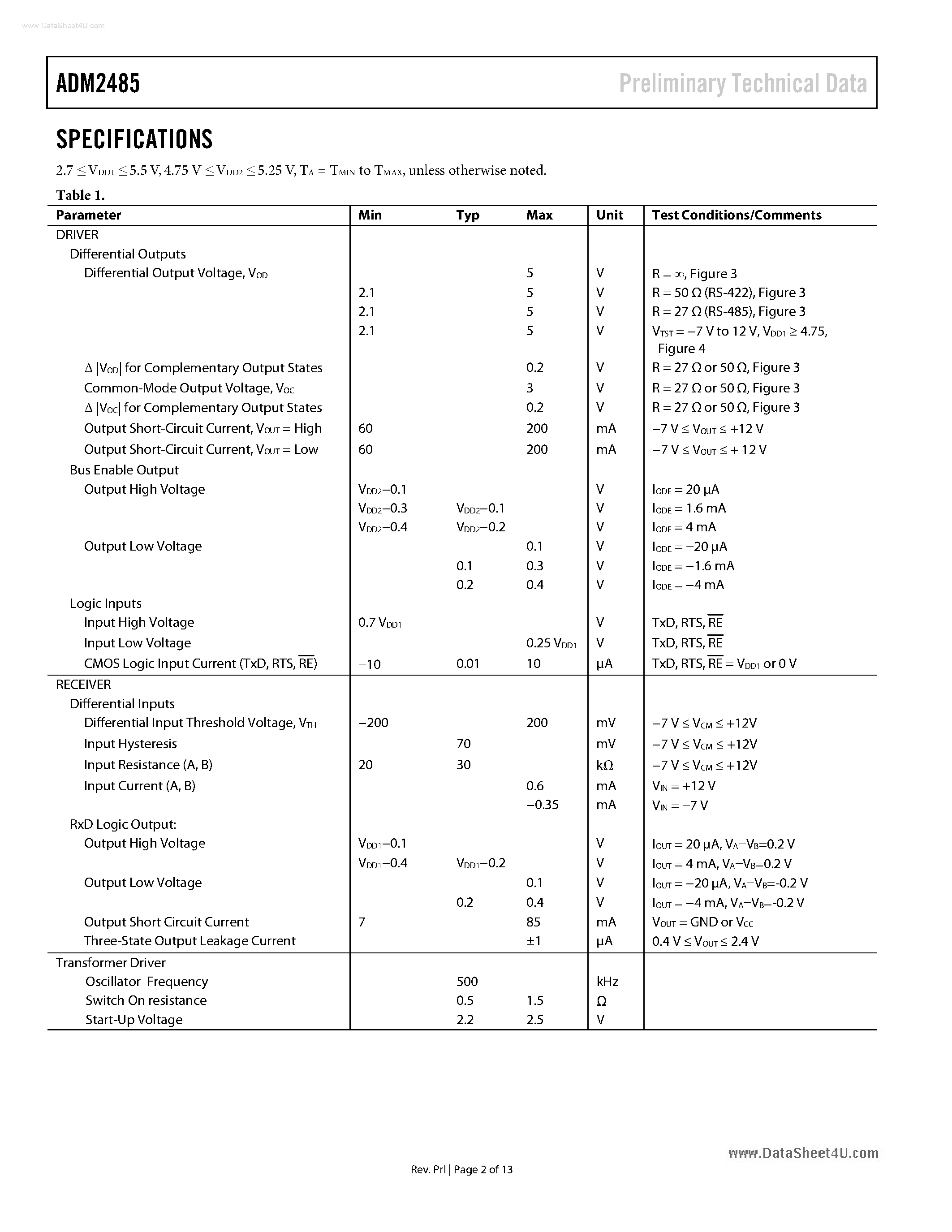 Datasheet ADM2485 - High Speed Isolated RS-485 Transceiver page 2