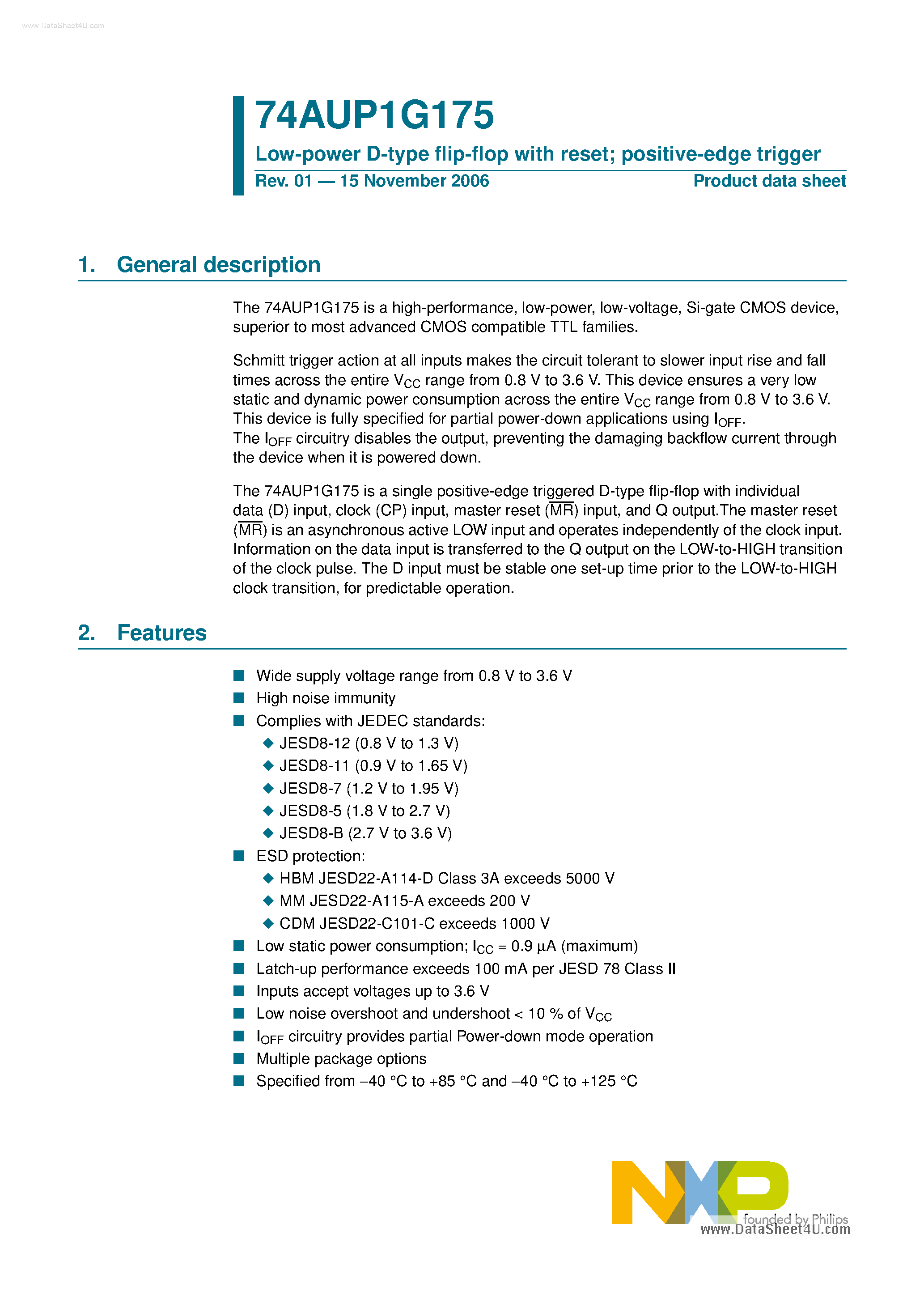 Datasheet 74AUP1G175 - Low Power D-Type Flip-Flop page 1