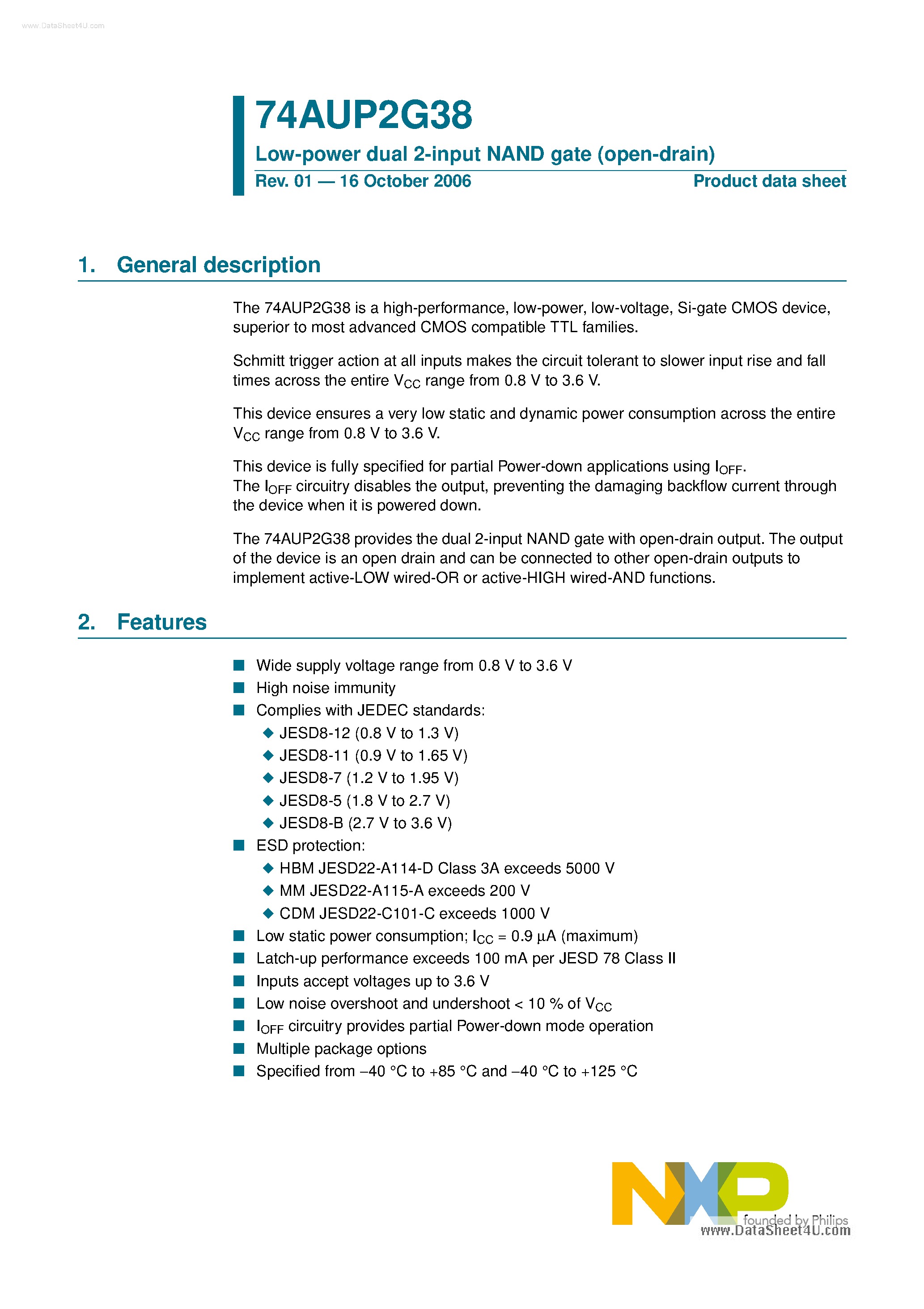 Datasheet 74AUP2G38 page 1 Datasheet 74AUP2G38 - Low Power Dual 2-Input NAND Gate page 1
