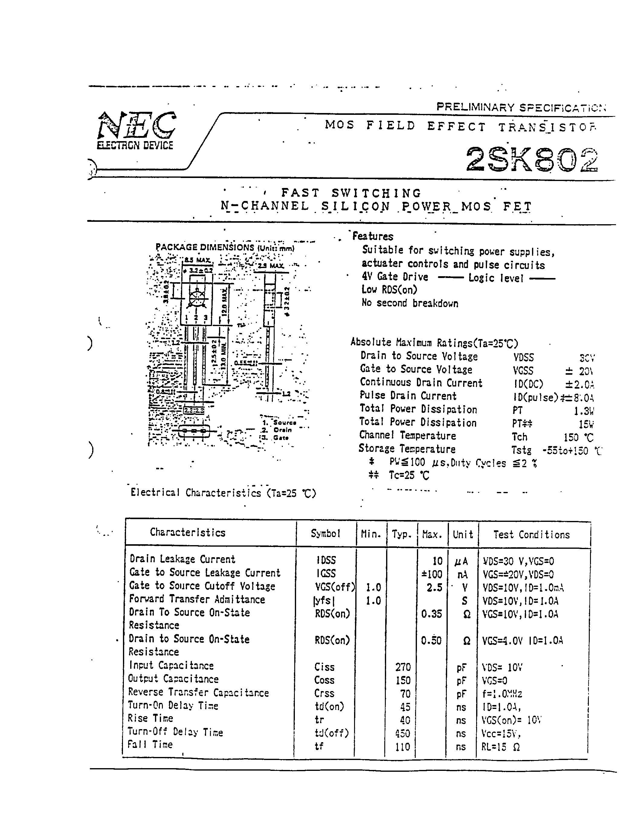 Datasheet 2SK802 - FAST SWITCHING N-CHANNEL SILICON POWER MOS FET page 1