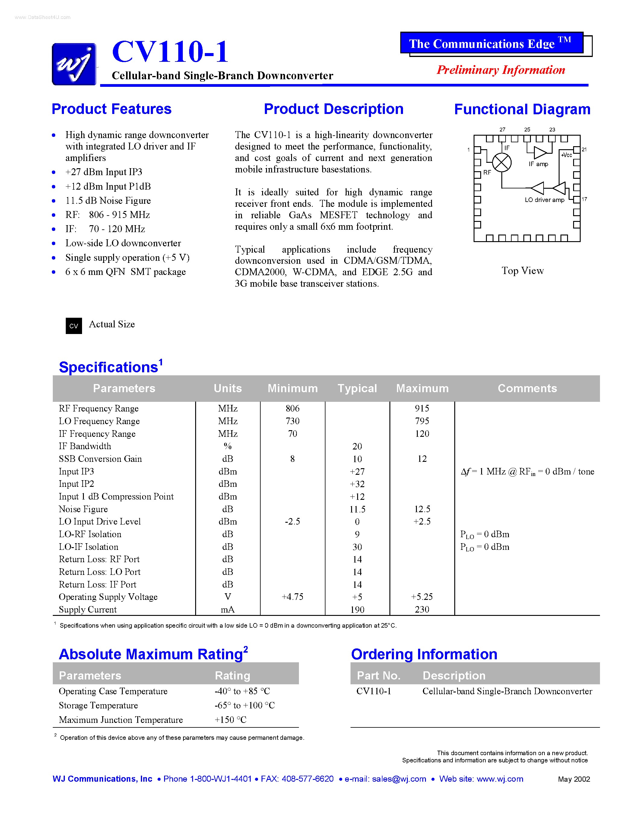 Datasheet CV110-1 - Cellular-band Single-Branch Downconverter page 1