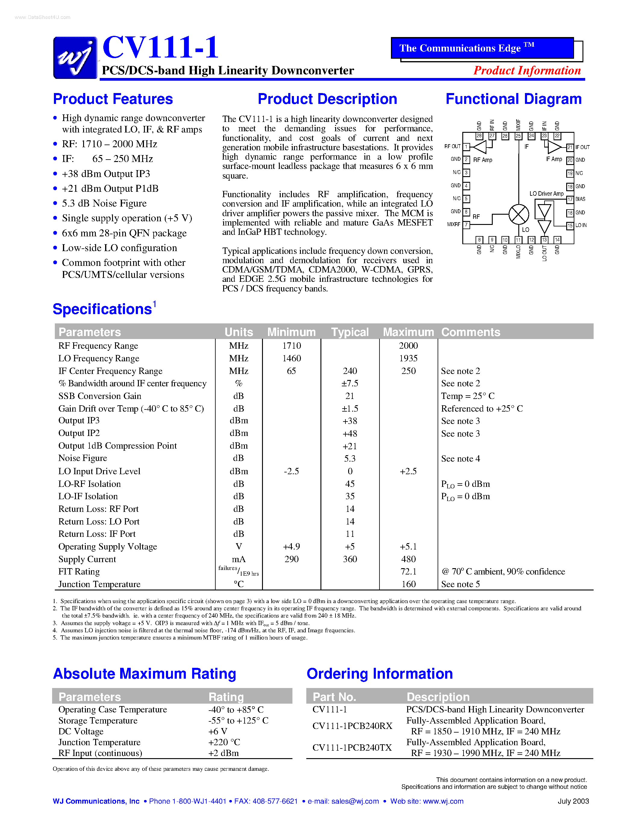 Datasheet CV111-1 - PCS/DCS-band High Linearity Downconverter page 1