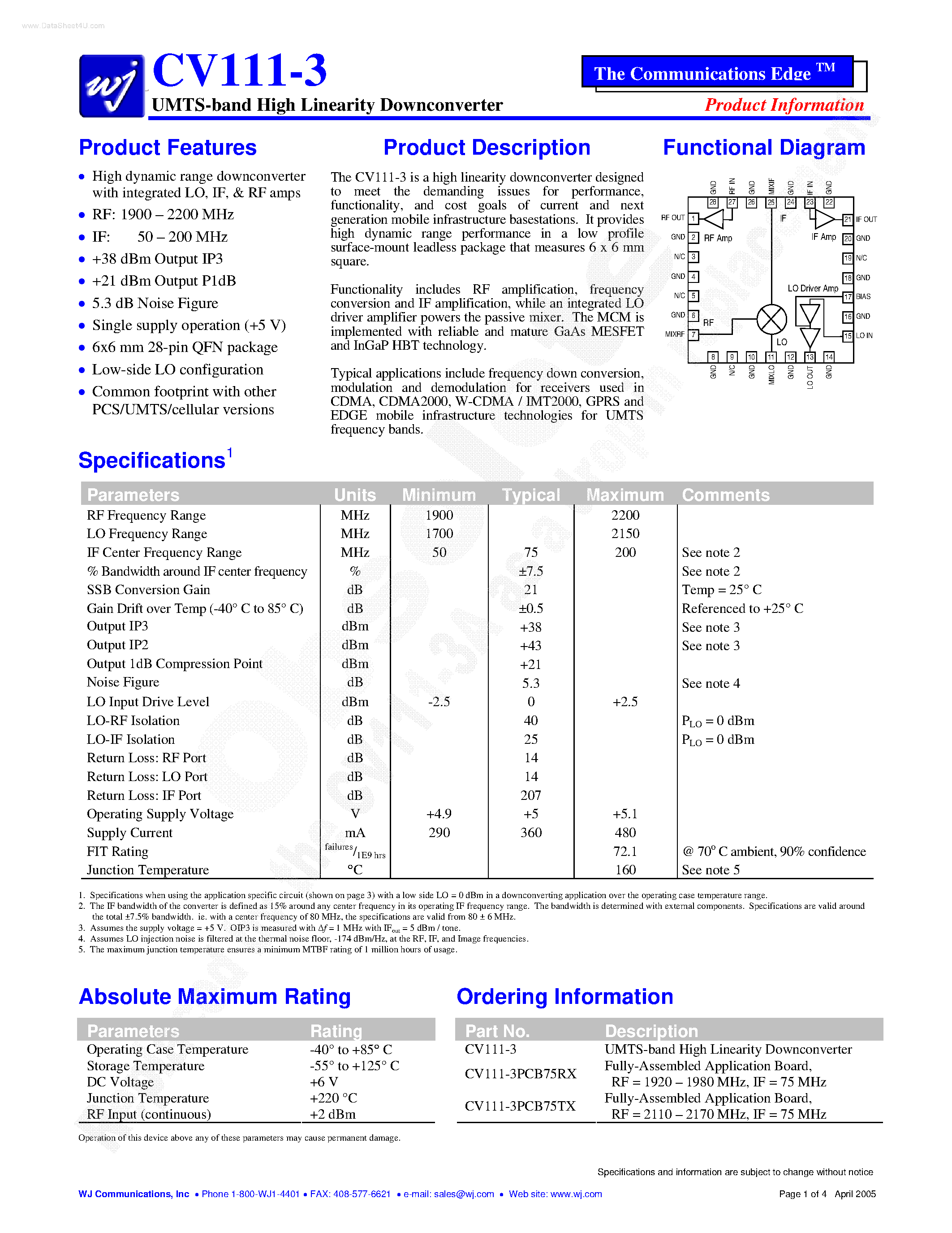 Datasheet CV111-3 - UMTS-band High Linearity Downconverter page 1