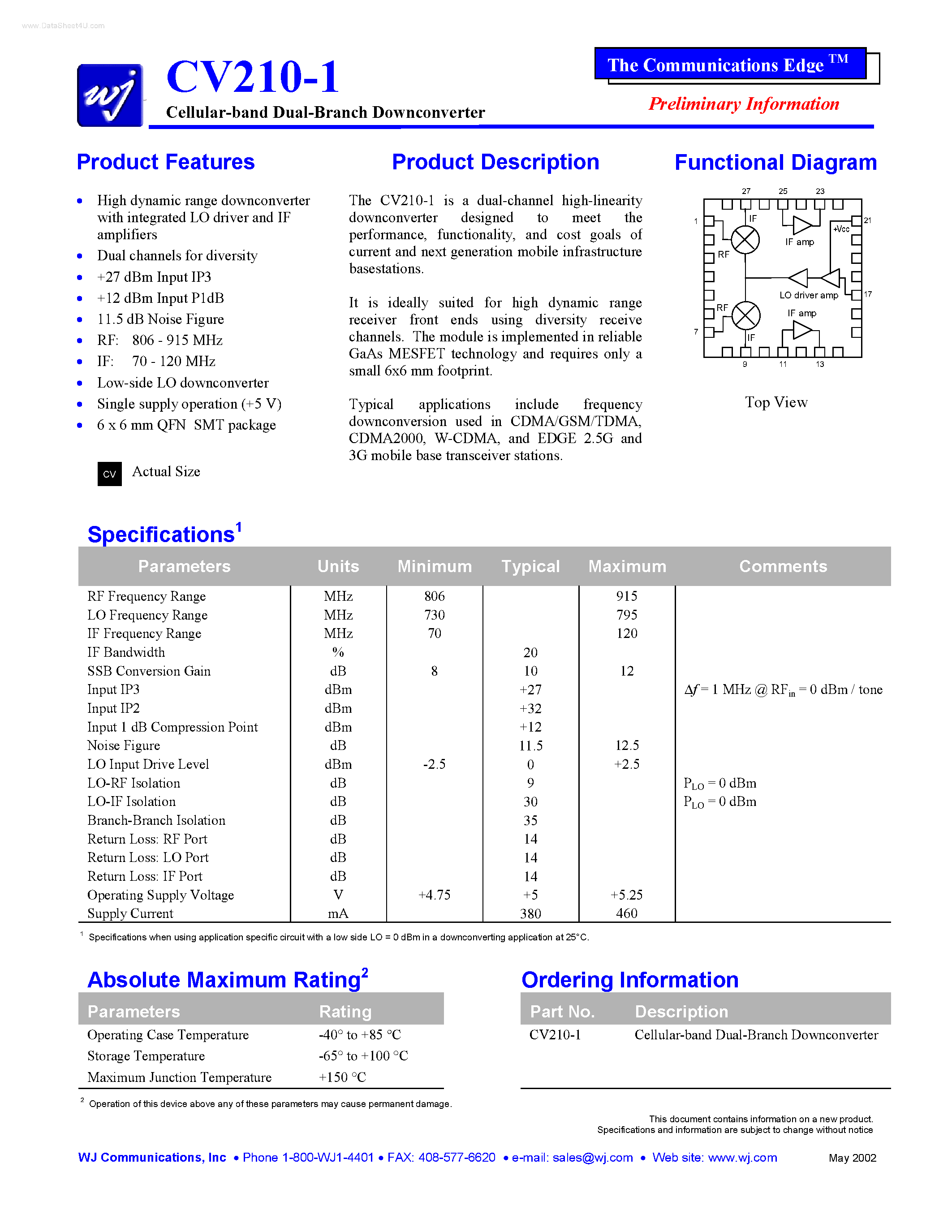 Даташит CV210-1 - Cellular-band Dual-Branch Downconverter страница 1