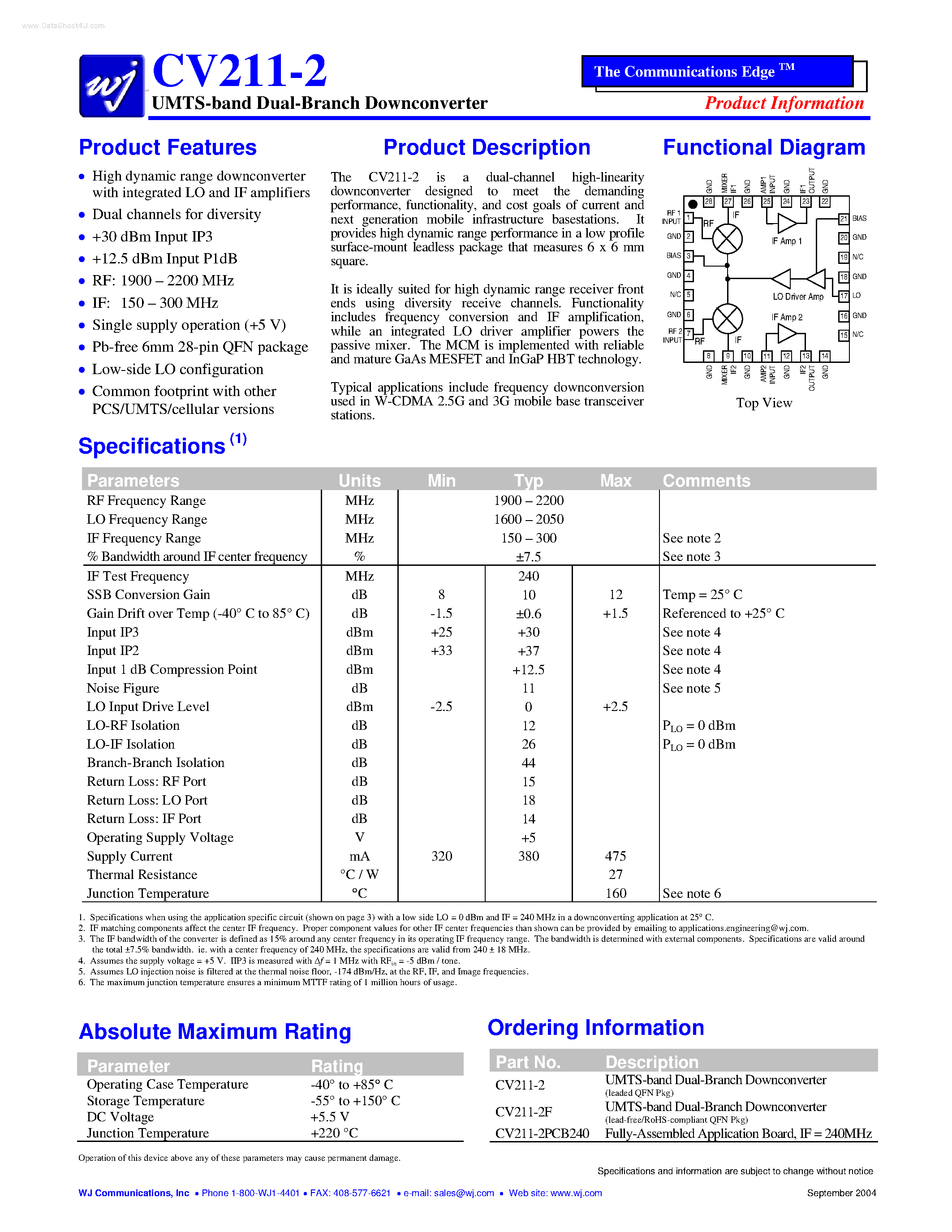 Datasheet CV211-2 page 1 Datasheet CV211-2 - UMTS-band Dual-Branch Downconverter page 1