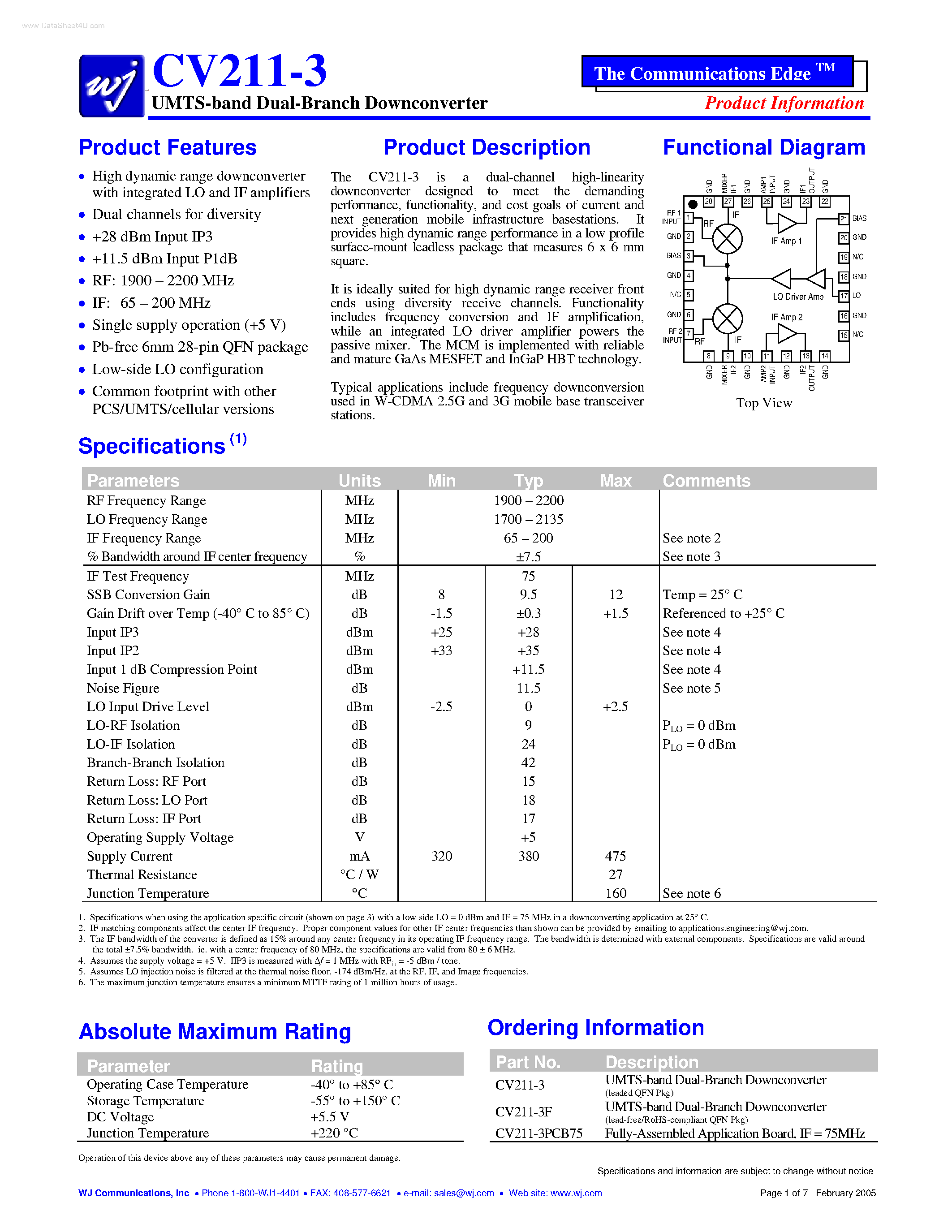 Datasheet CV211-3 - UMTS-band Dual-Branch Downconverter page 1