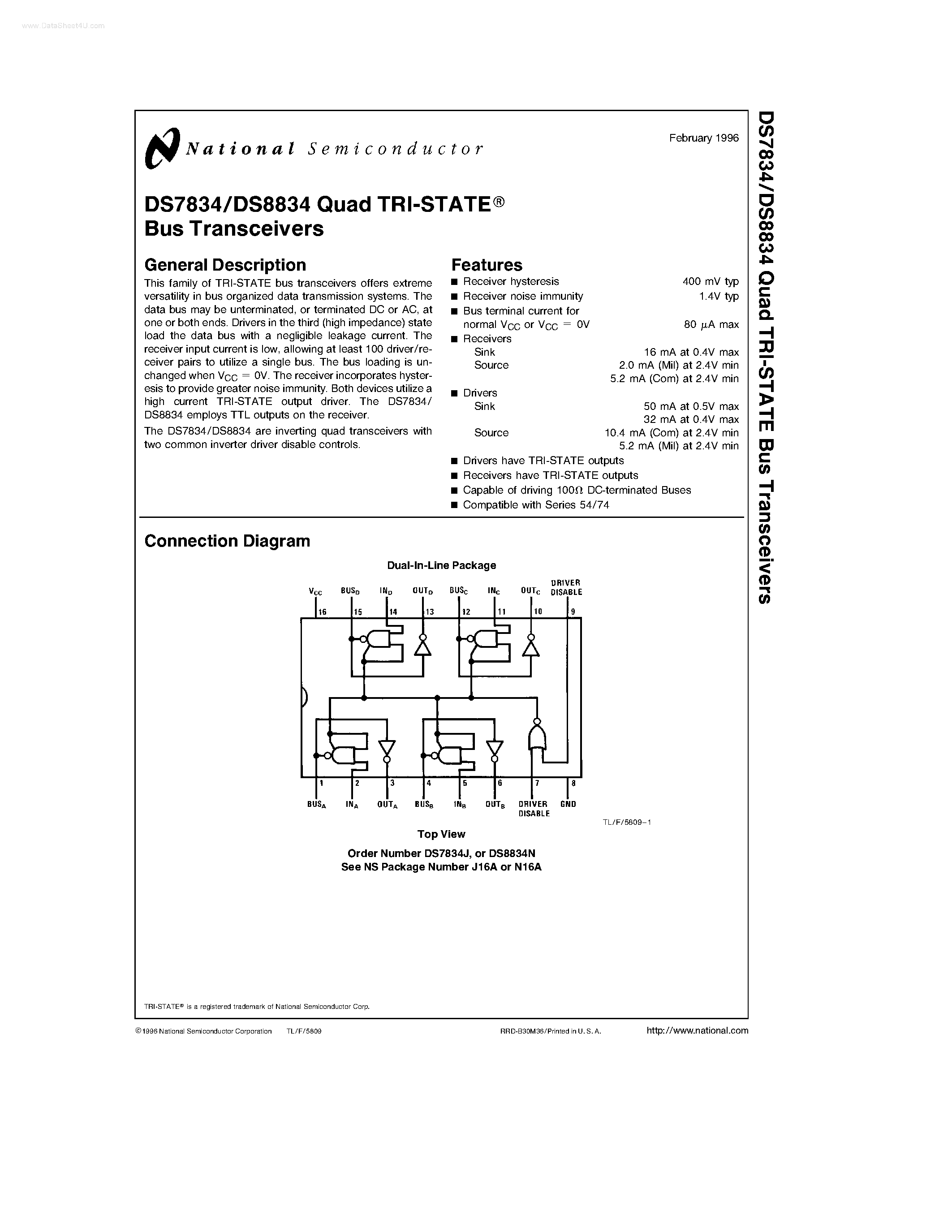Даташит DS7834 - Quad TRI-STATE Bus Transceivers страница 1