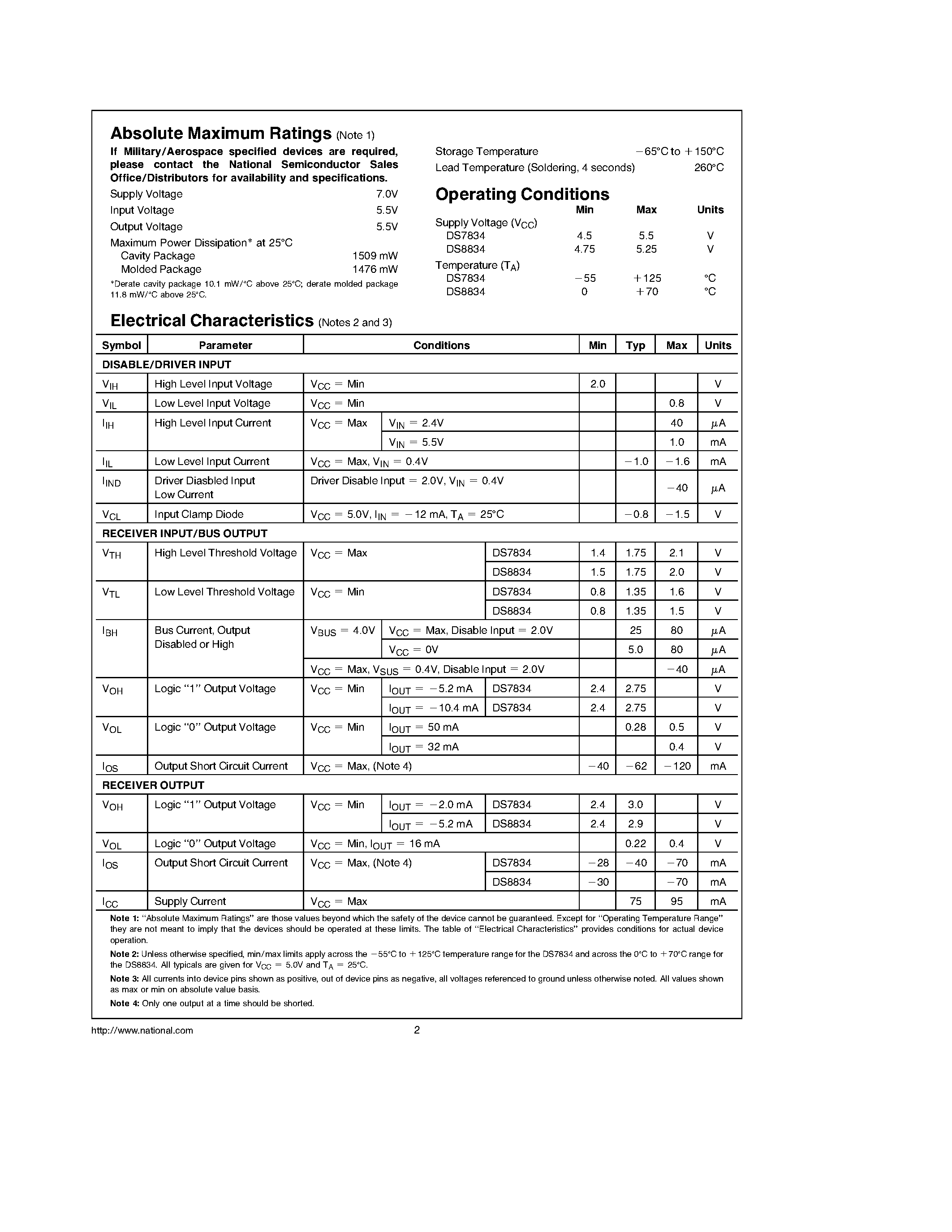 Даташит на микросхему DS8834 страница 2 Даташит DS8834 - Quad TRI-STATE Bus Transceivers страница 2