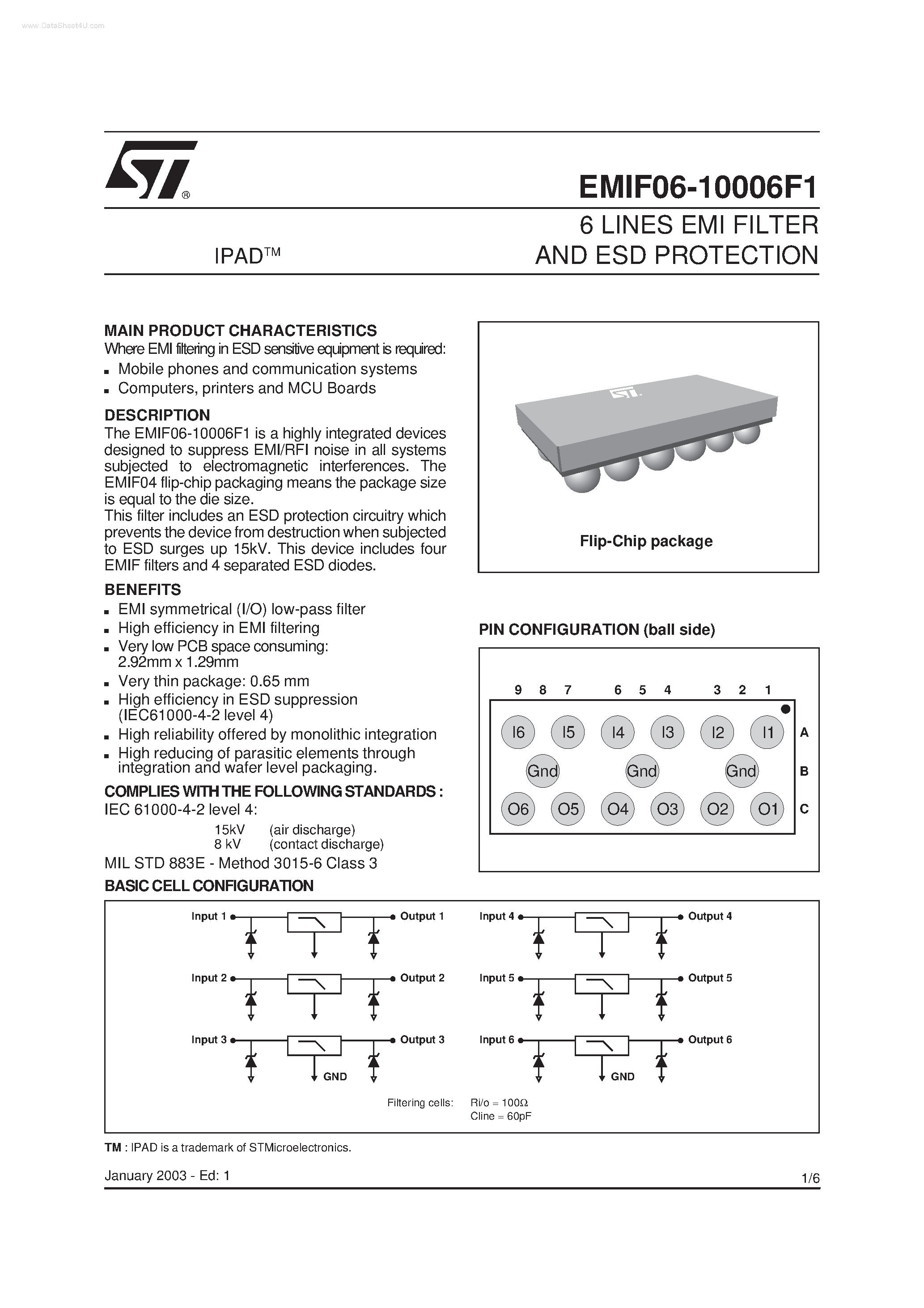 Datasheet EMIF06-10006F1 page 1 Datasheet EMIF06-10006F1 - 6 LINES EMI FILTER AND ESD PROTECTION page 1
