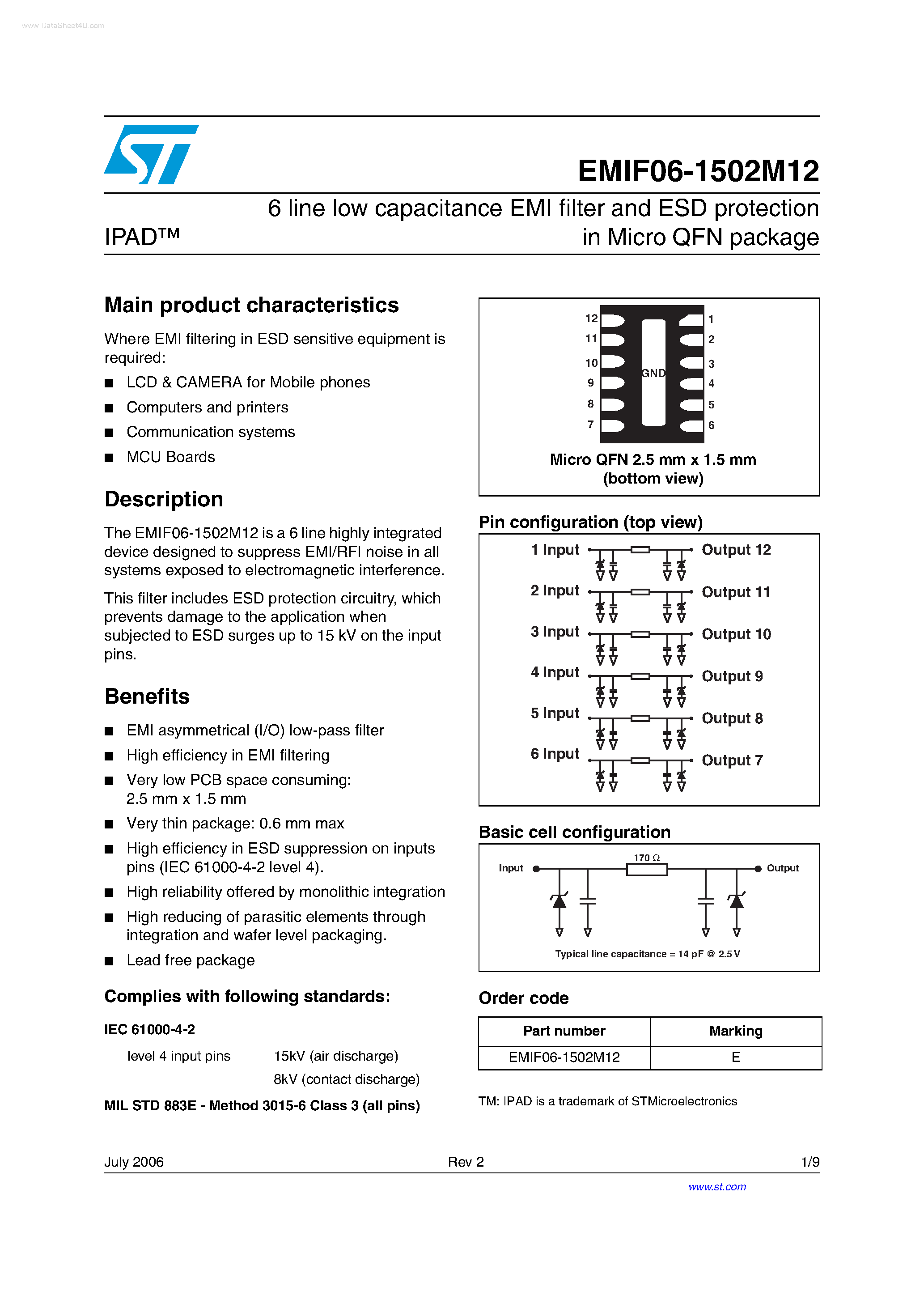 Datasheet EMIF06-1502M12 - 6 line low capacitance EMI filter and ESD protection page 1