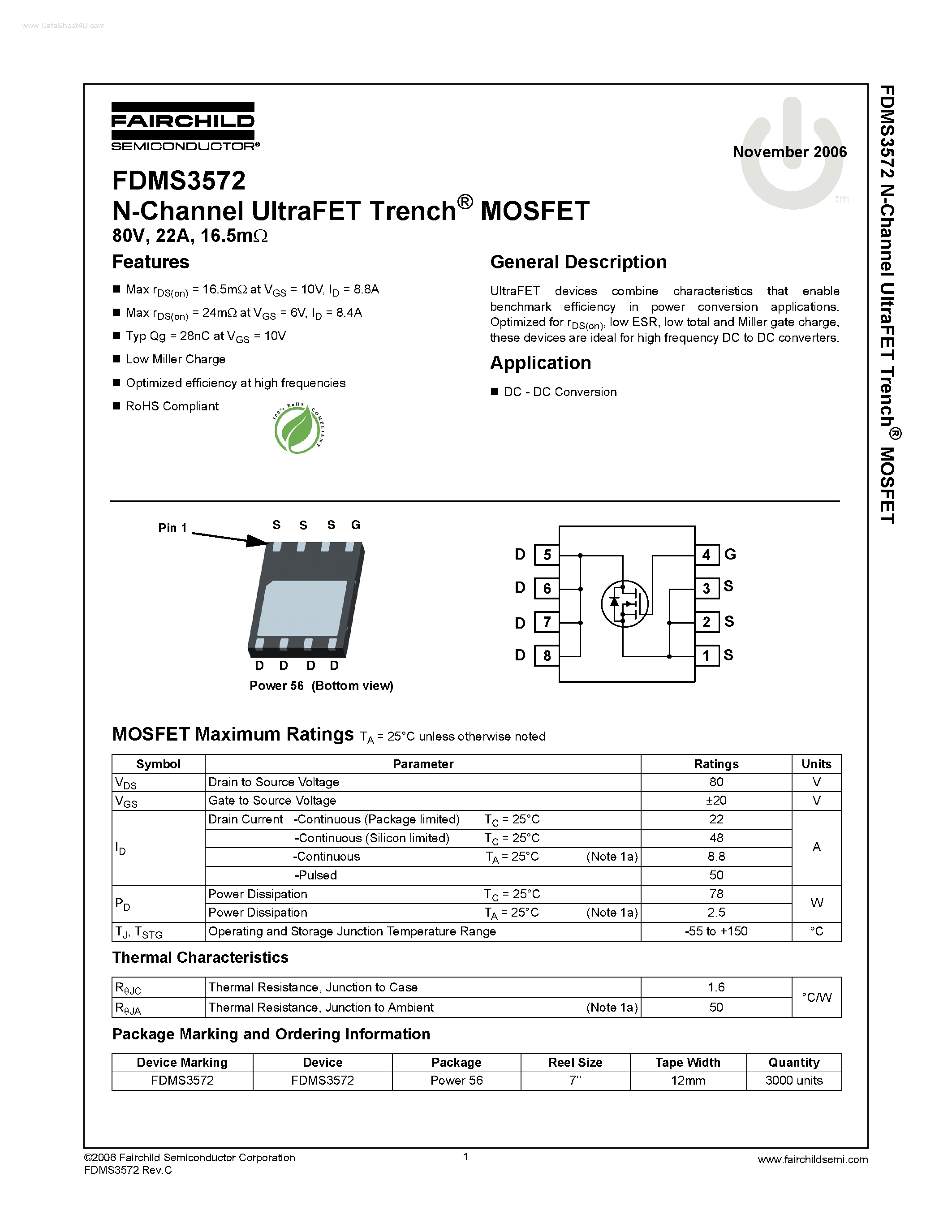 Datasheet FDMS3572 - N-Channel UltraFET Trench MOSFET page 1