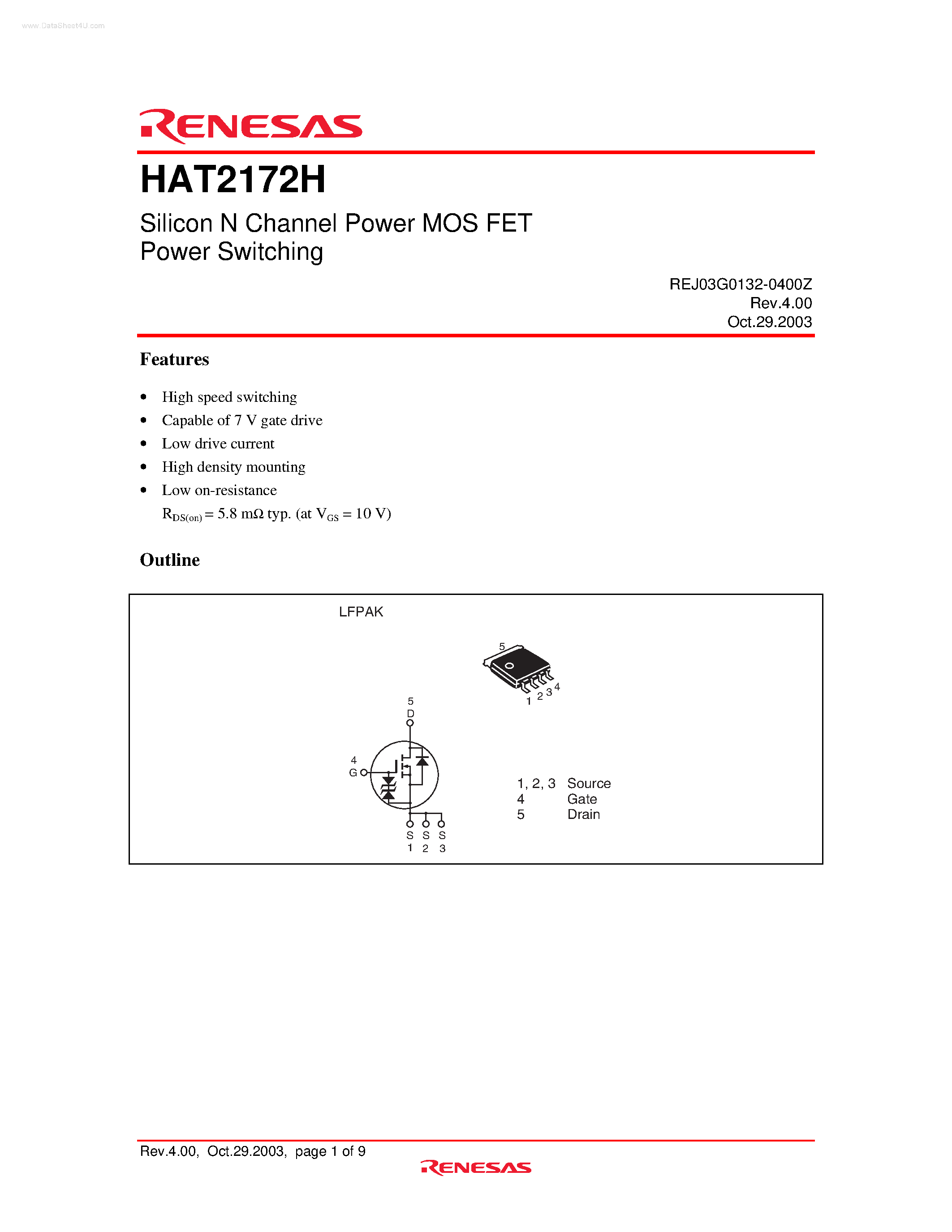 Datasheet HAT2172H - Silicon N Channel Power MOS FET Power Switching page 1