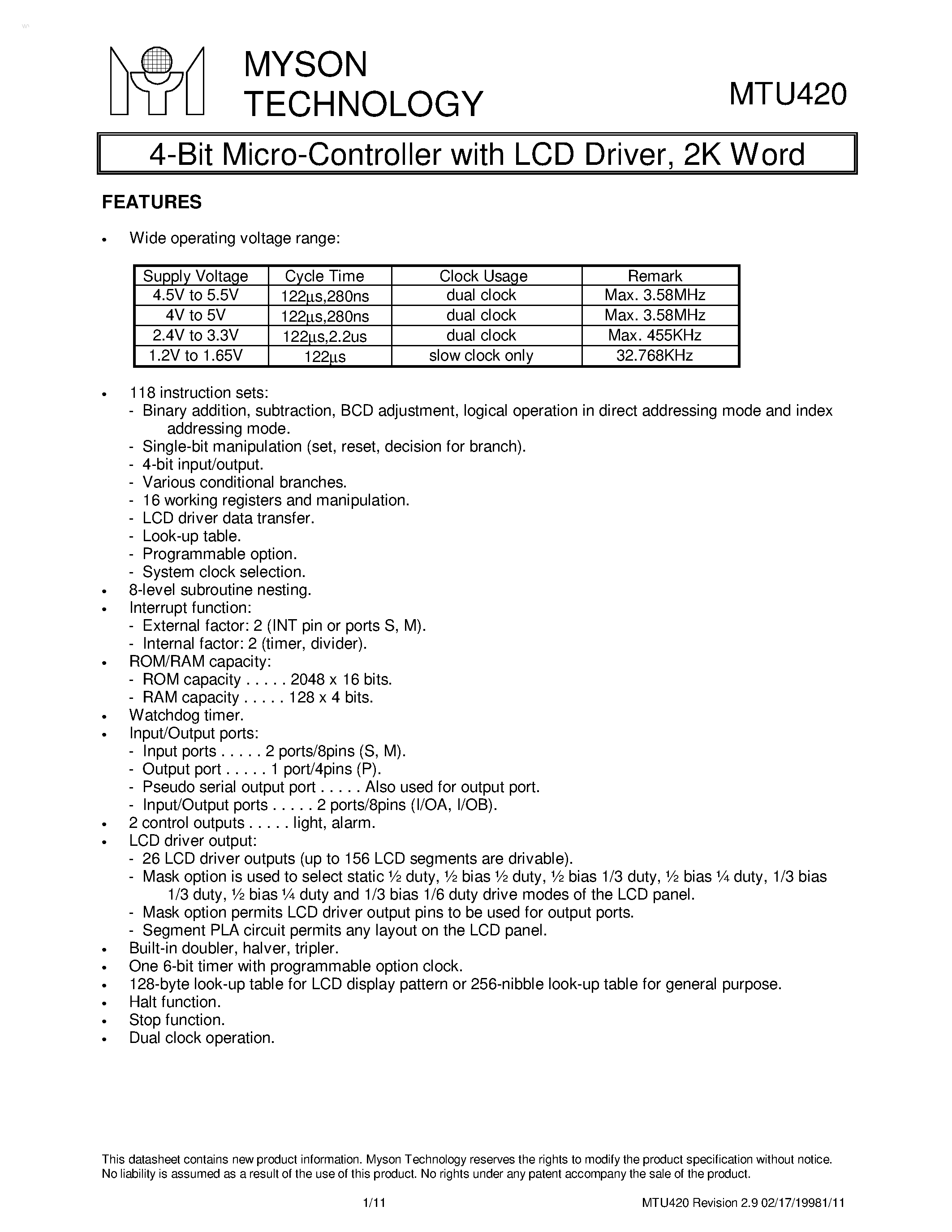 Datasheet MTU420 - 4-Bit Micro-Controller page 1