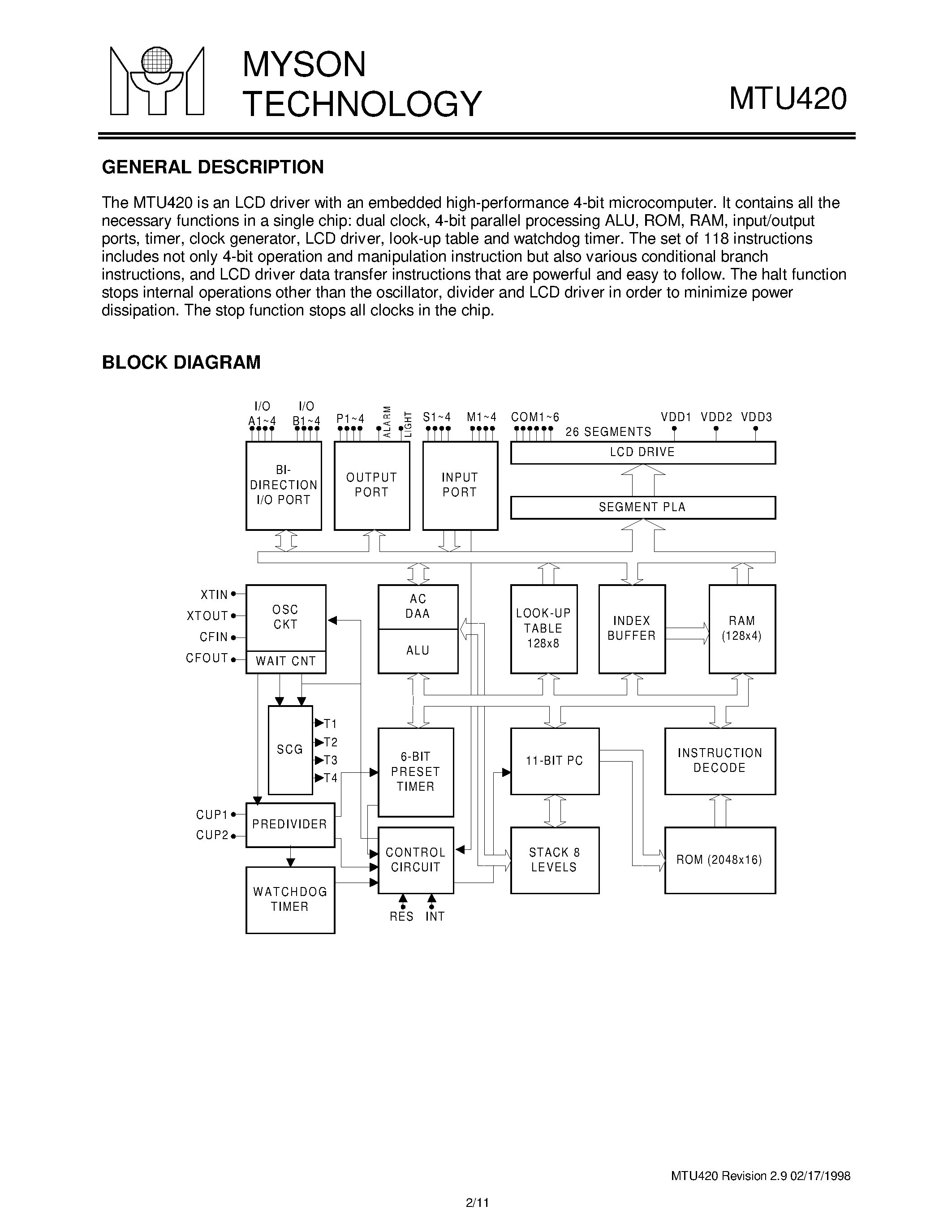 Datasheet MTU420 - 4-Bit Micro-Controller page 2