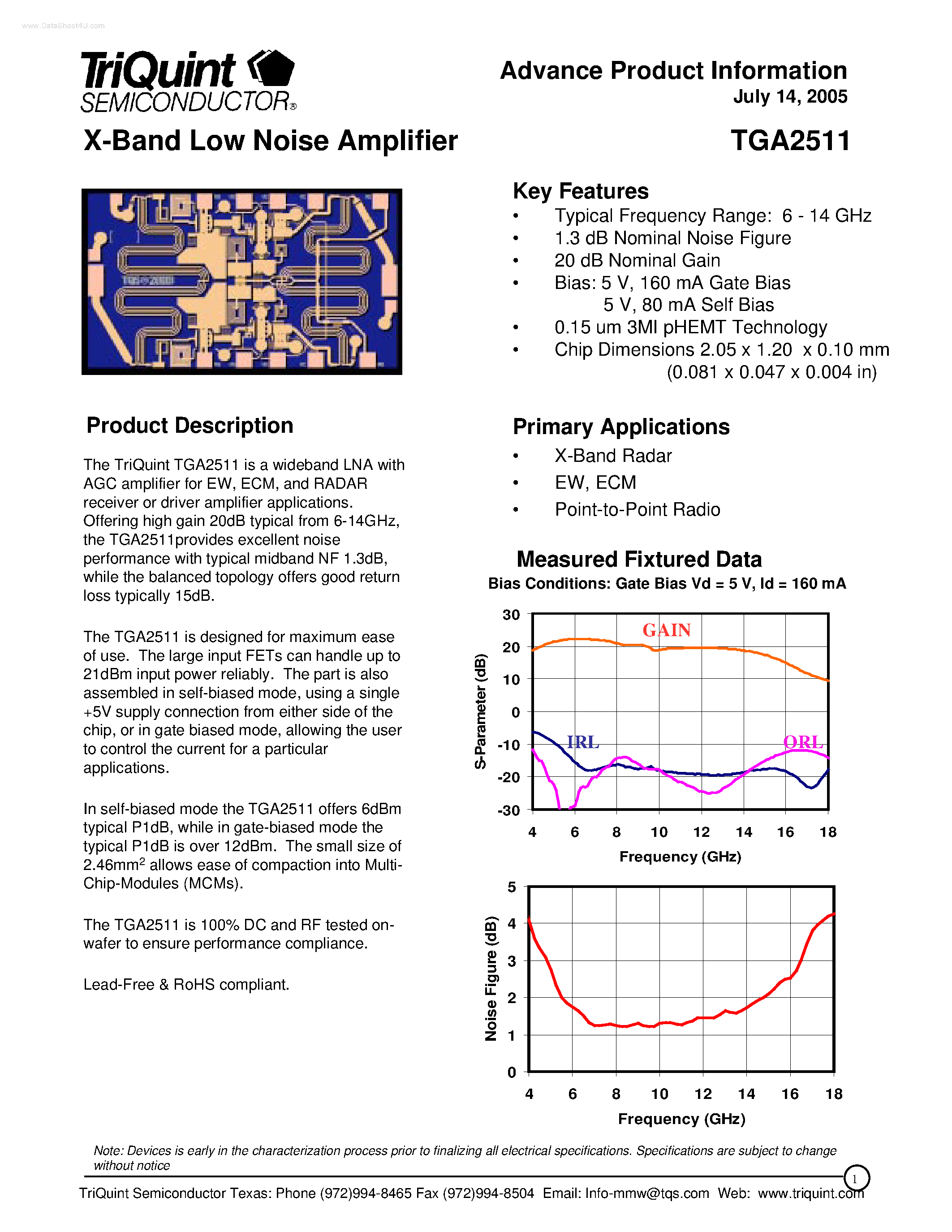 Даташит TGA2511 - X-Band Low Noise Amplifier страница 1