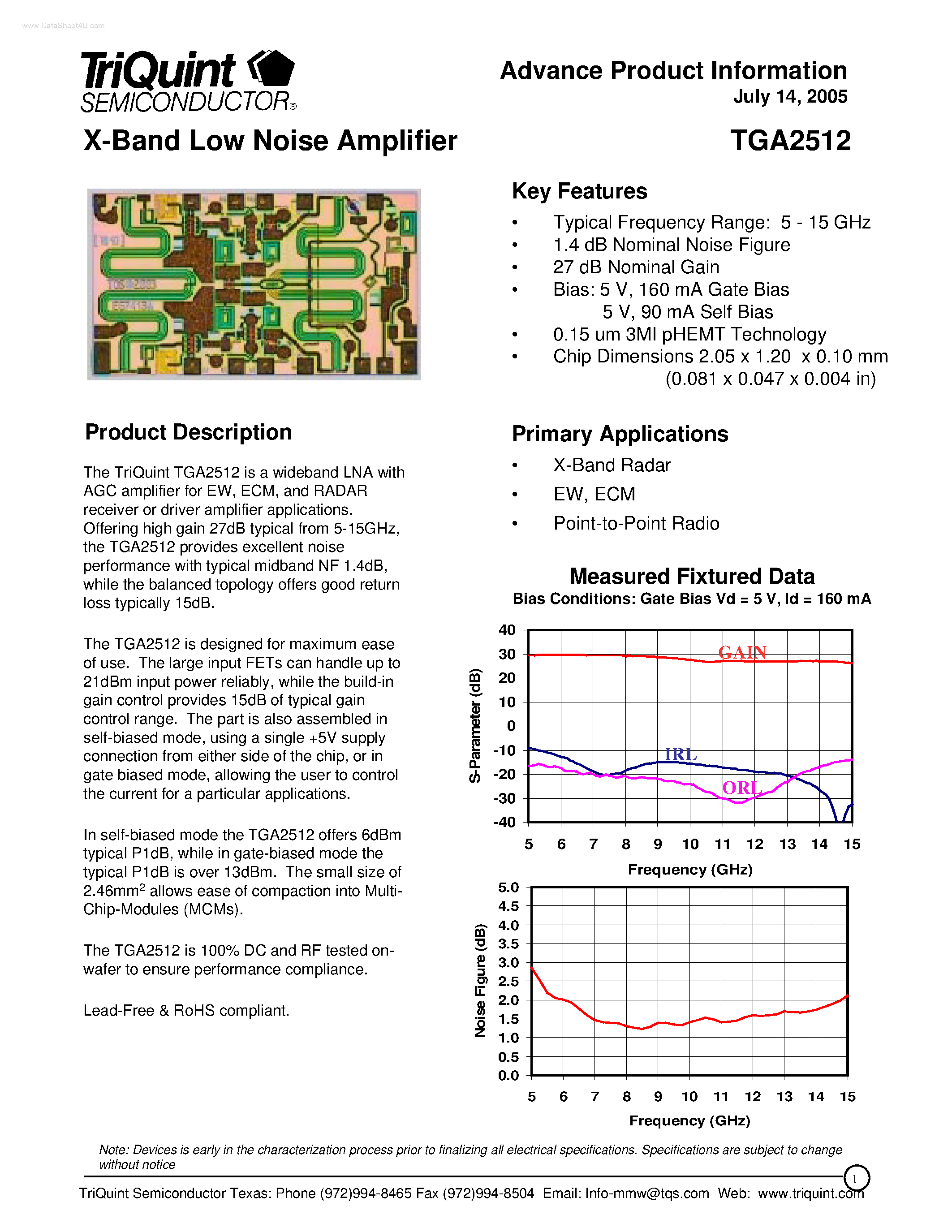 Даташит TGA2512 - X-Band Low Noise Amplifier страница 1