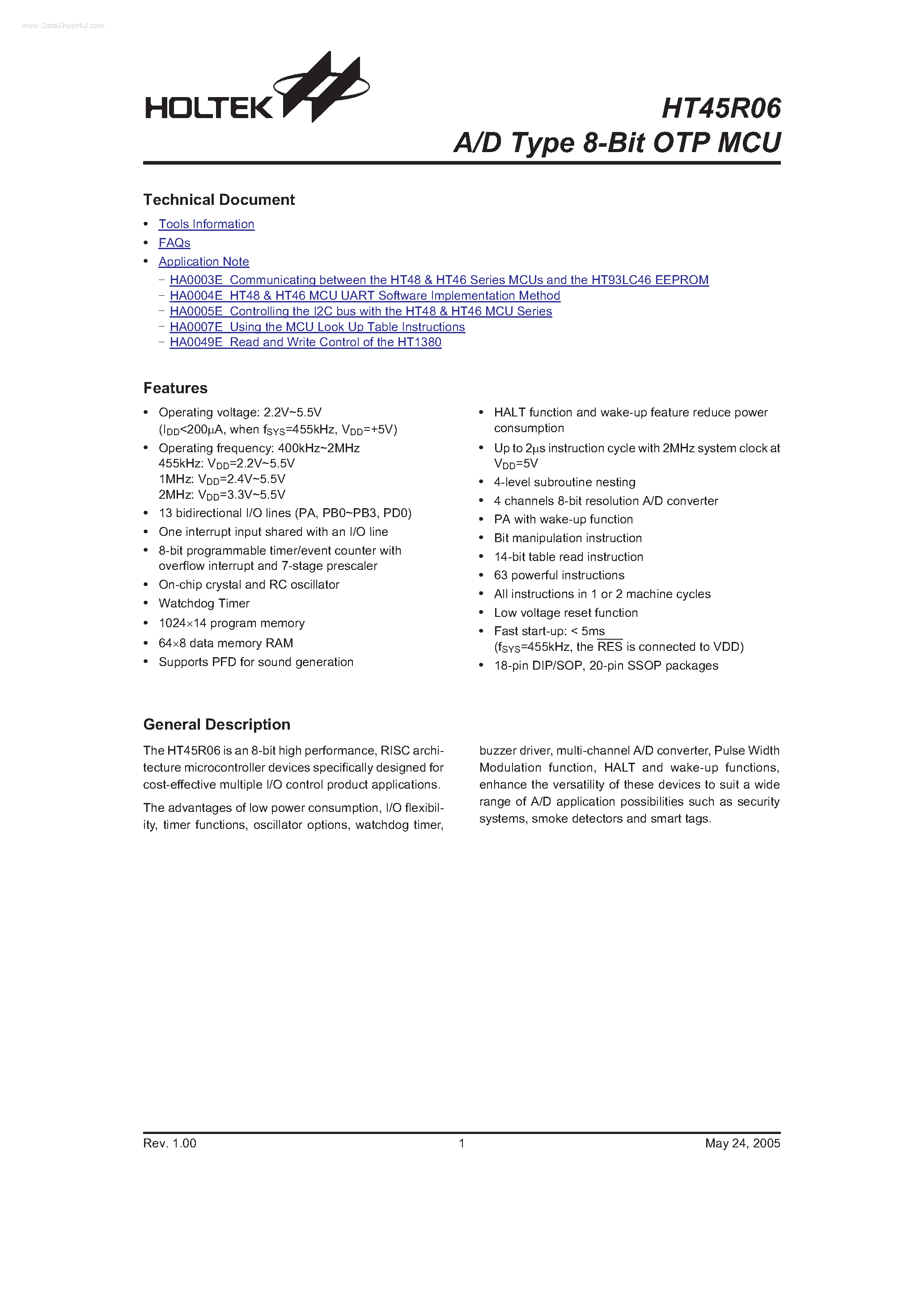 Даташит на микросхему HT45R06 страница 1 Даташит HT45R06 - A/D Type 8-Bit OTP MCU страница 1