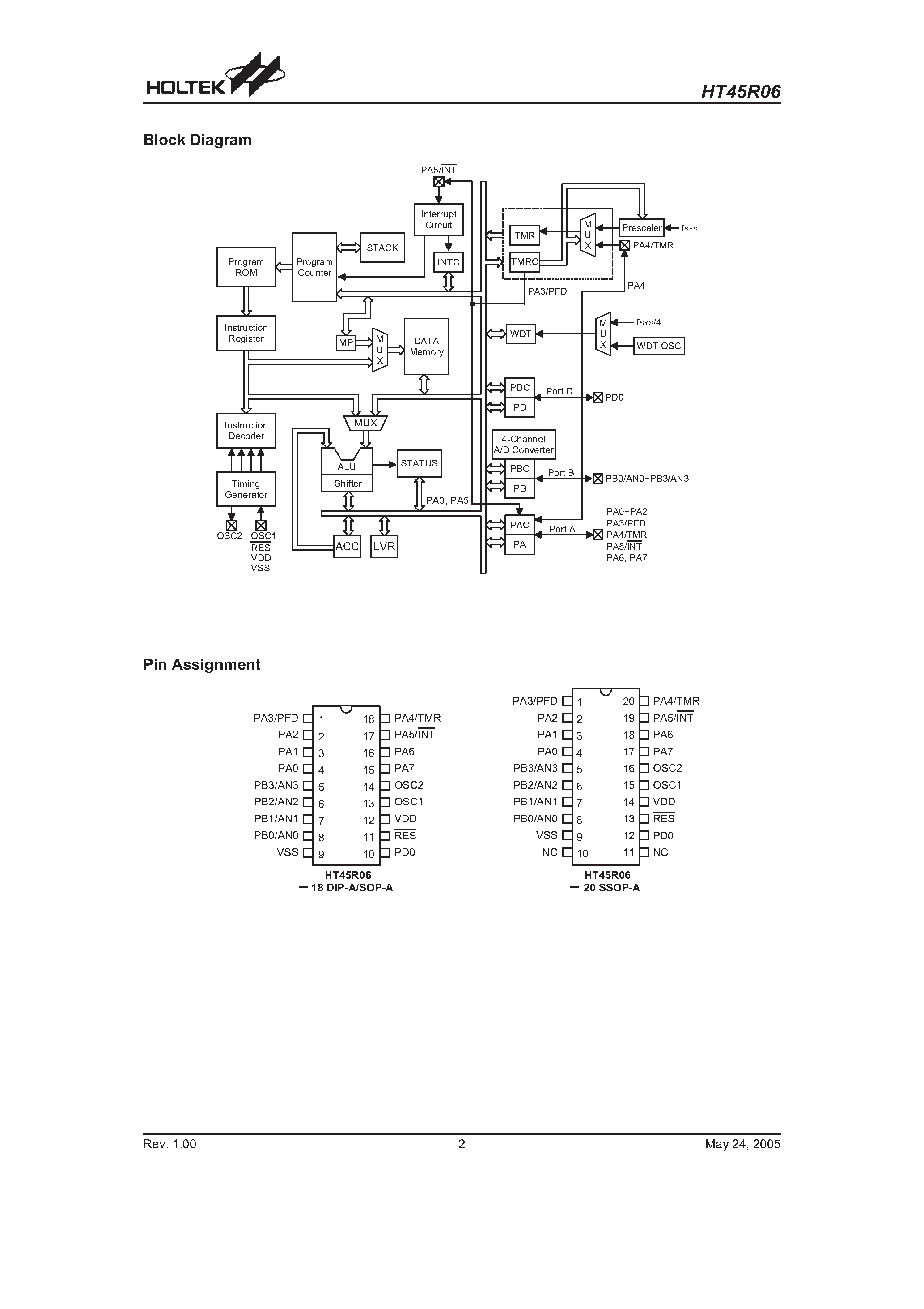Даташит на микросхему HT45R06 страница 2 Даташит HT45R06 - A/D Type 8-Bit OTP MCU страница 2