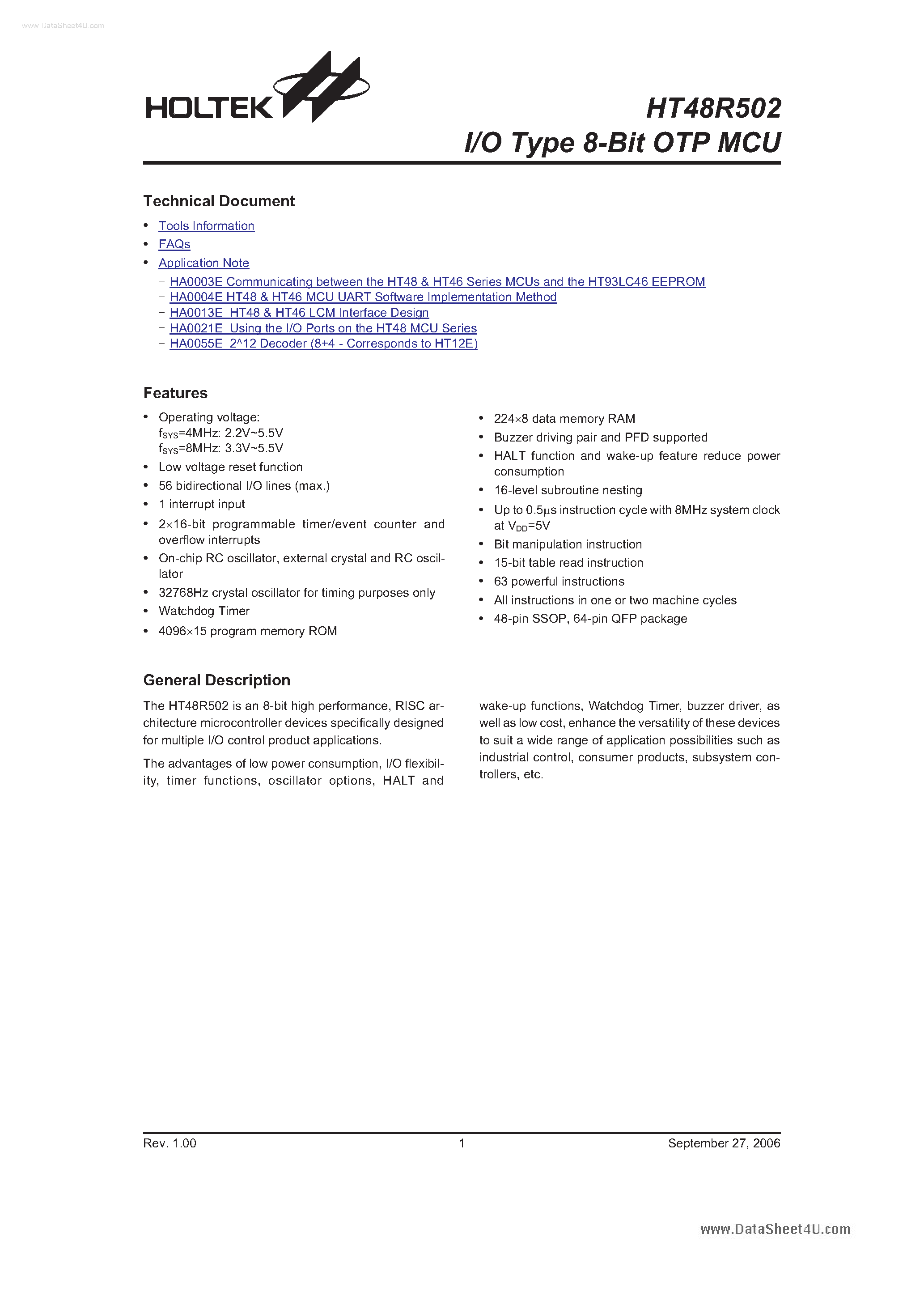 Datasheet HT48R502 page 1 Datasheet HT48R502 - I/O Type 8-Bit OTP MCU page 1