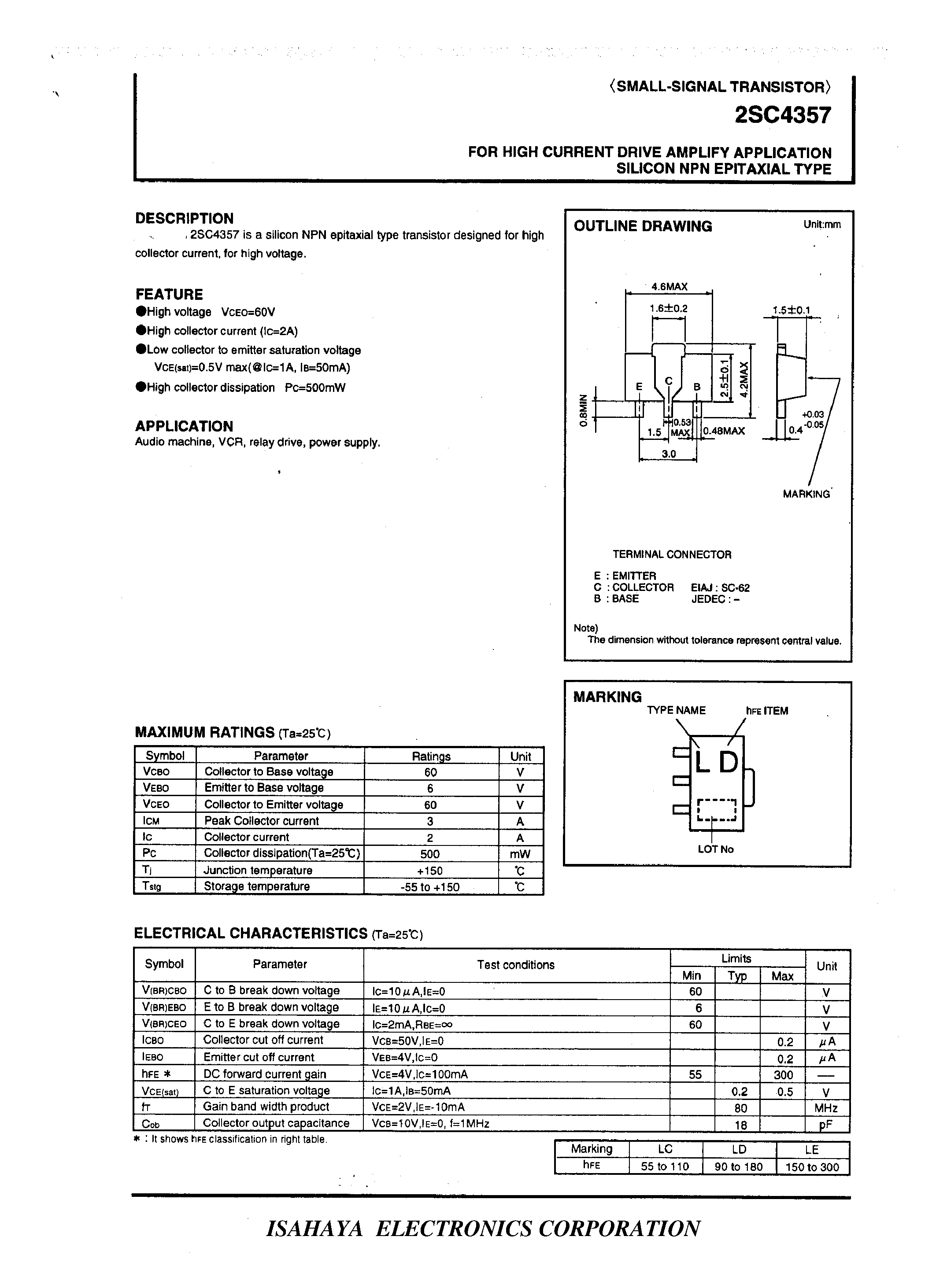 Datasheet 2SC4357 - FOR HIGH CURRENT DRIVE AMPLIFY APPLICATION SILICON NPN EPITAXIAL TYPE page 1