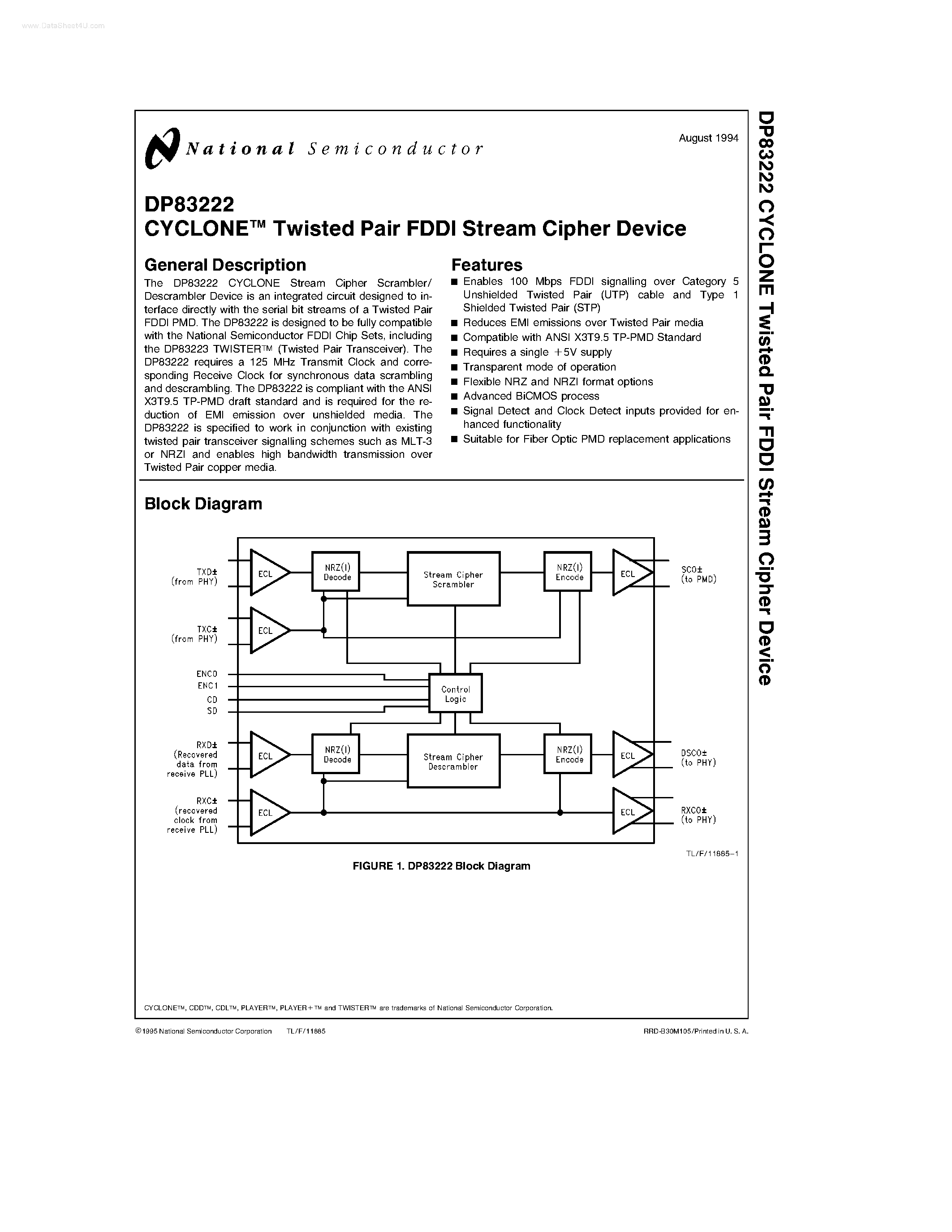 Datasheet DP83222 - CYCLONE Twisted Pair FDDI Stream Cipher Device page 1