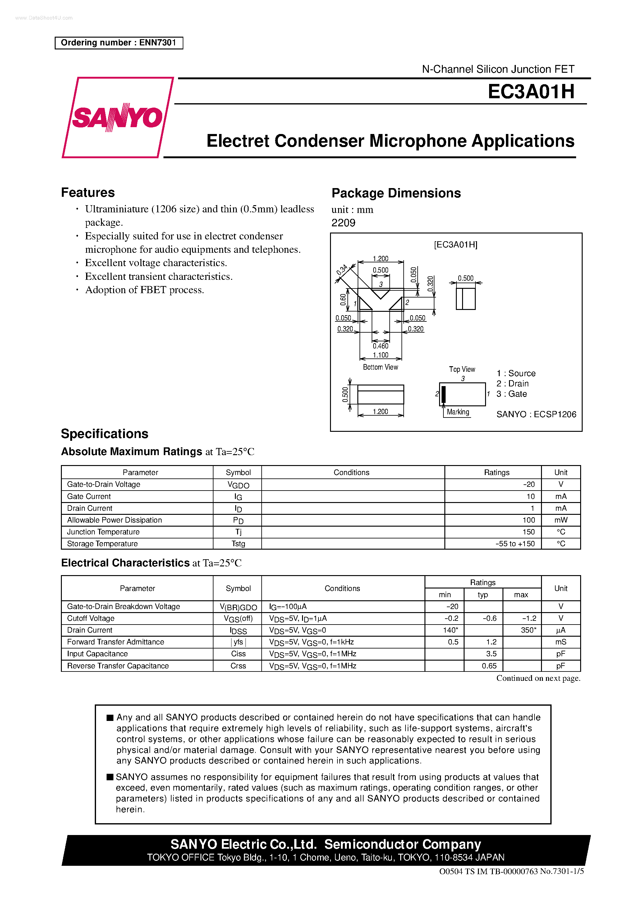 Datasheet EC3A01H - N-Channel Silicon Junction FET - Electret Condenser Microphone Applications page 1