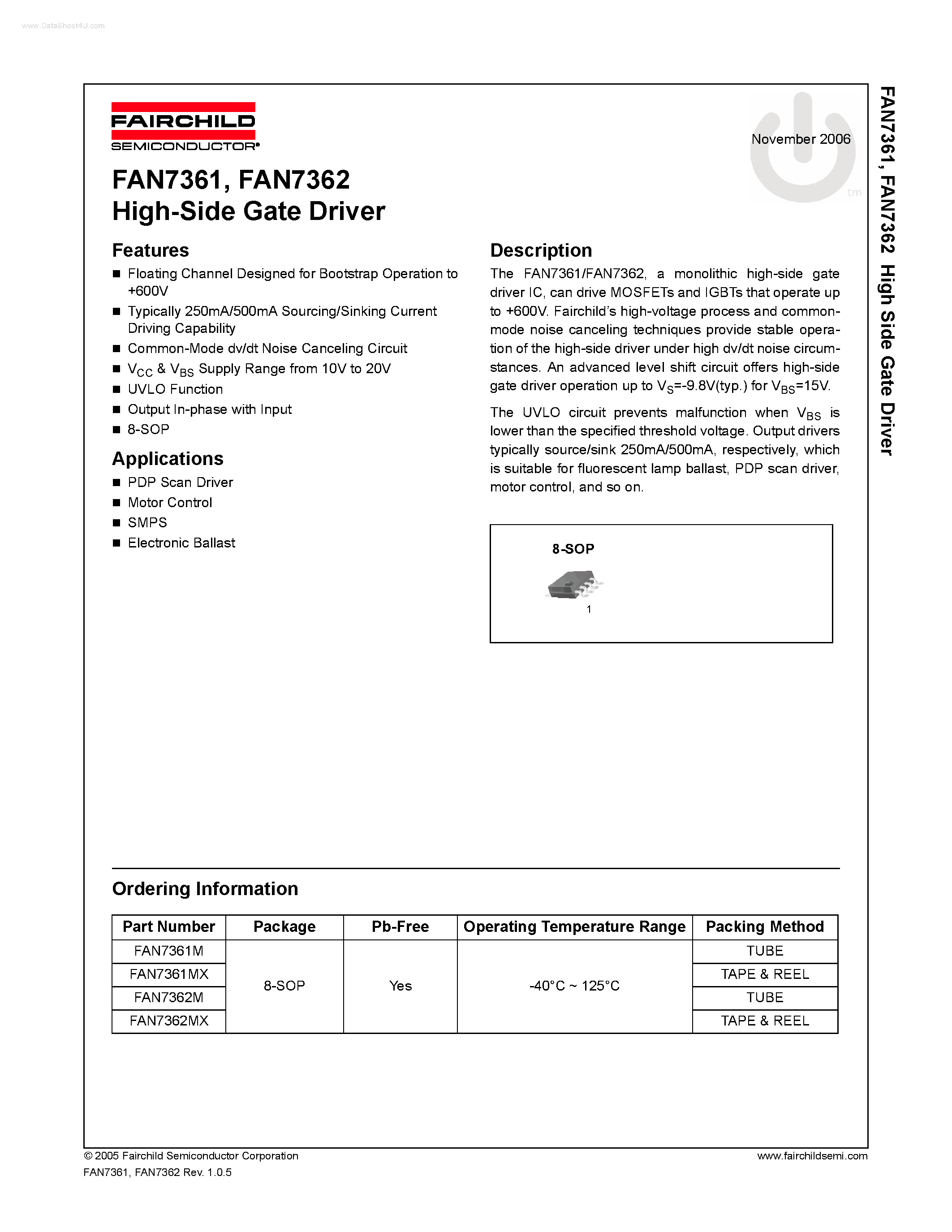 Datasheet FAN7361 page 1 Datasheet FAN7361 - (FAN7361 / FAN7362) High-Side Gate Driver page 1