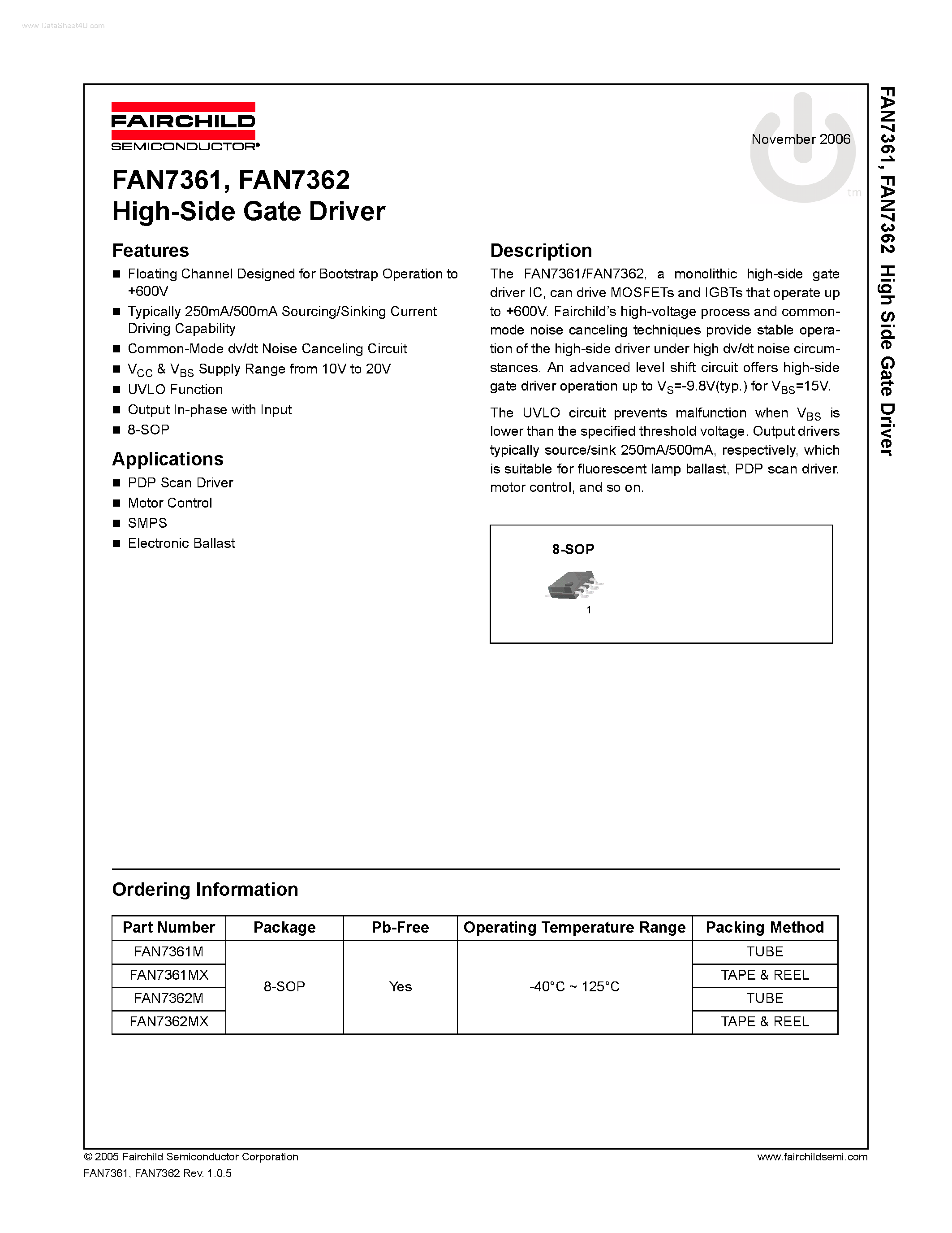 Datasheet FAN7361 - (FAN7361 / FAN7362) High-Side Gate Driver page 1