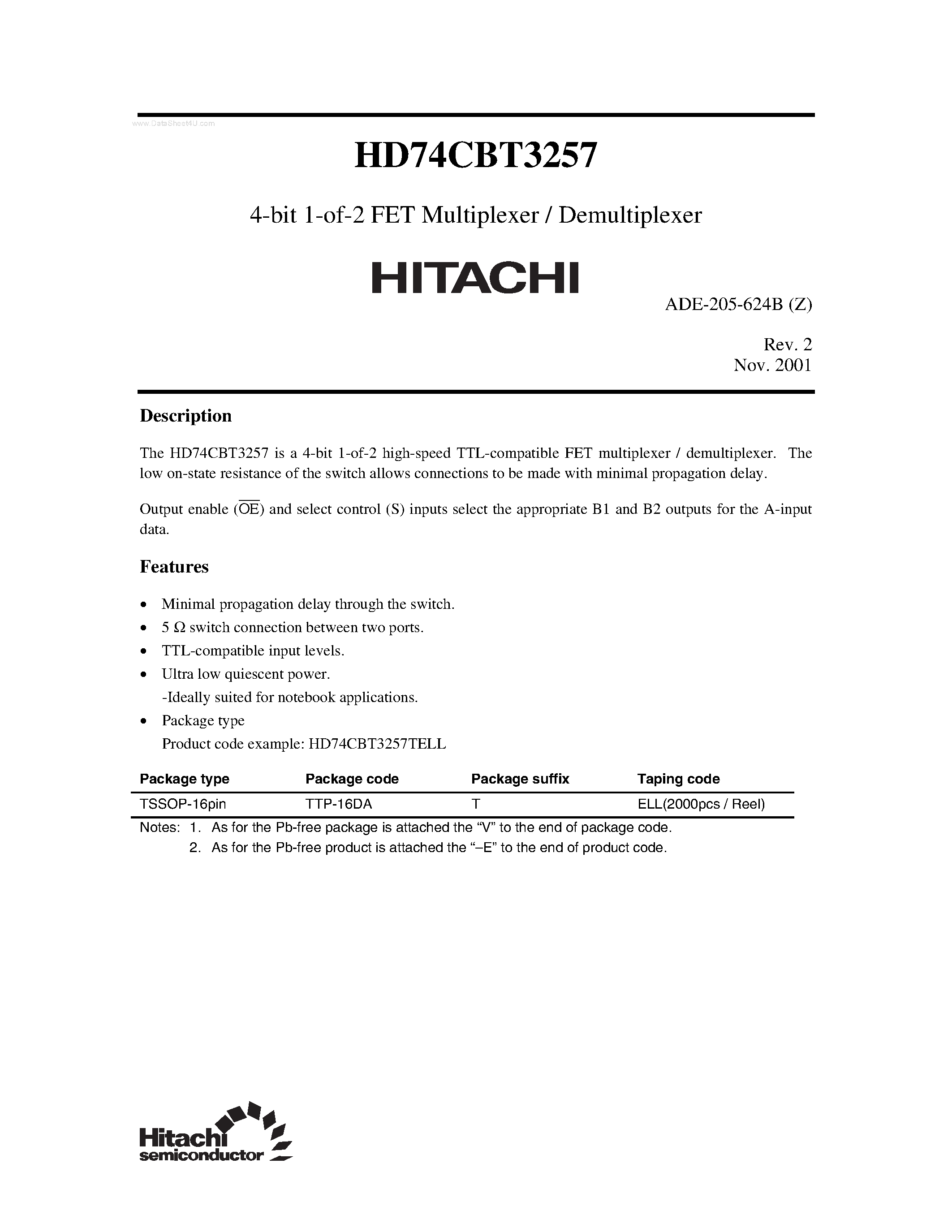 Даташит HD74CBT3257 - 4-bit 1-of-2 FET Multiplexer / Demultiplexer страница 1