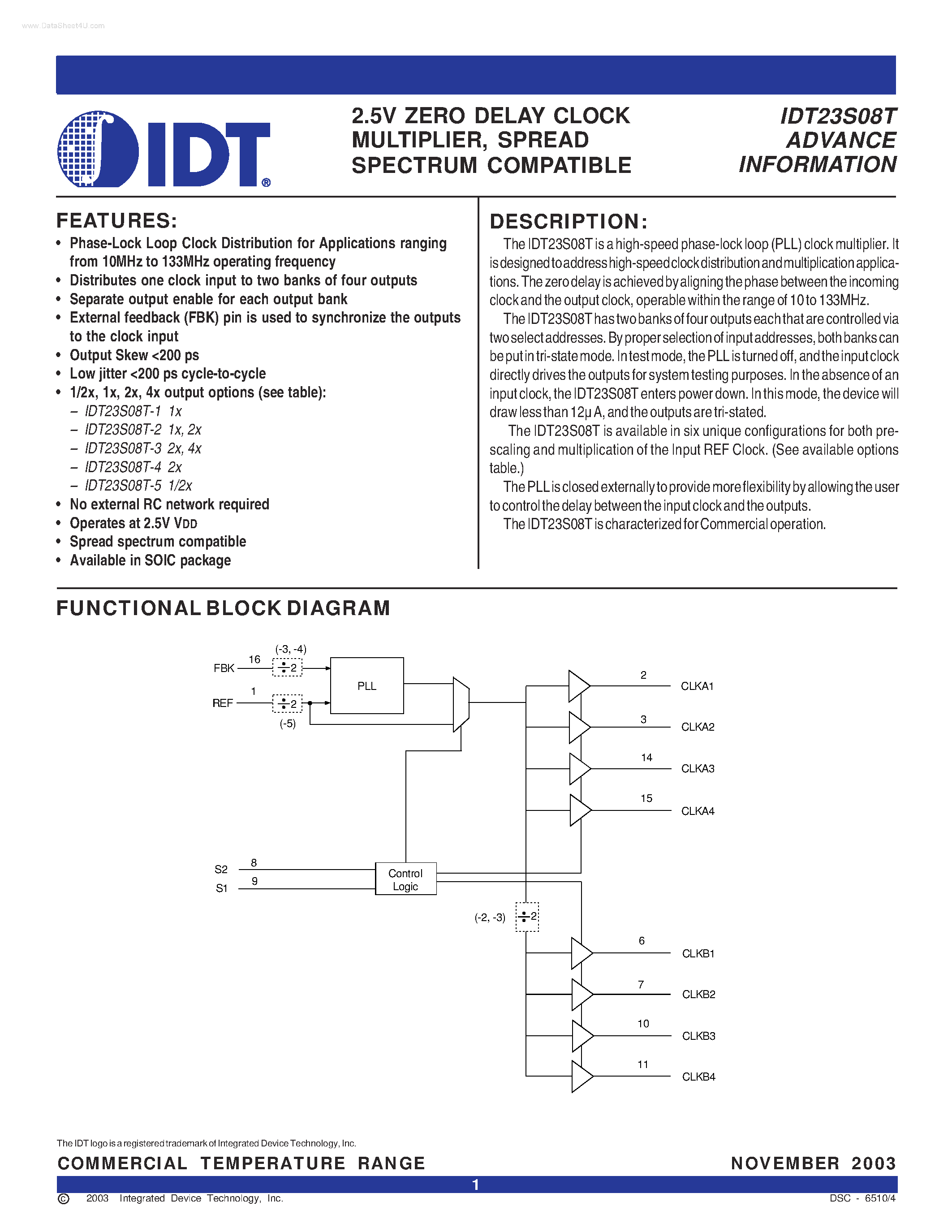 Datasheet IDT23S08T - 2.5V ZERO DELAY CLOCK MULTIPLIER page 1