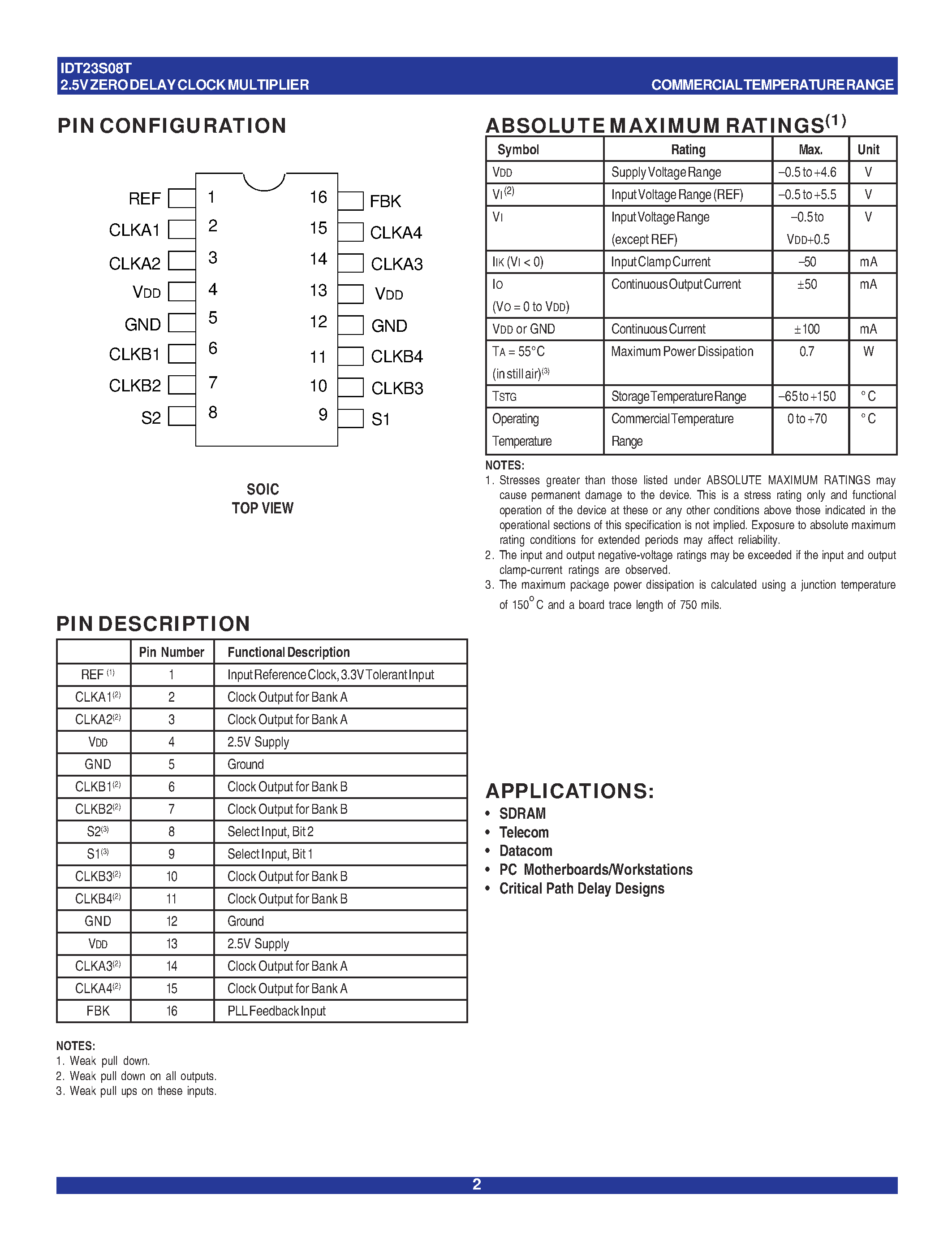 Datasheet IDT23S08T - 2.5V ZERO DELAY CLOCK MULTIPLIER page 2