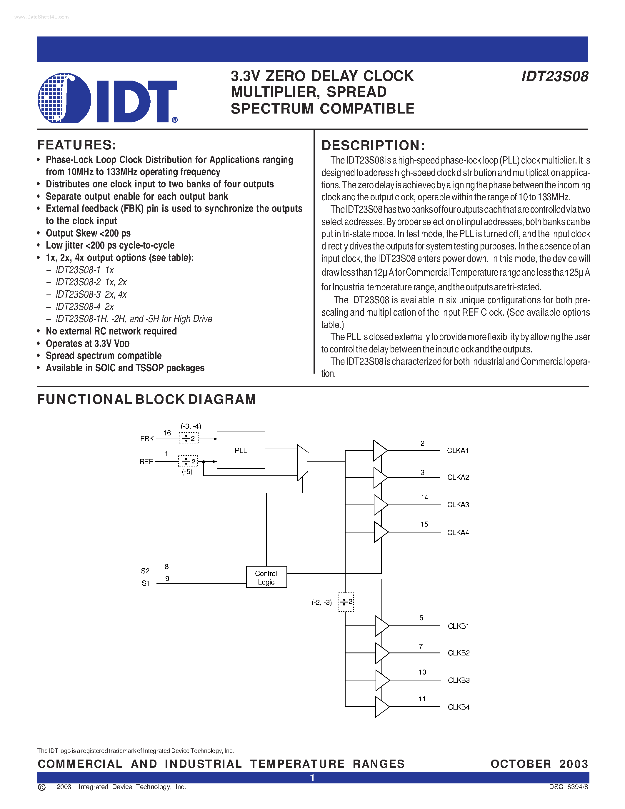 Datasheet IDT23S08 page 1 Datasheet IDT23S08 - 2.5V ZERO DELAY CLOCK MULTIPLIER page 1