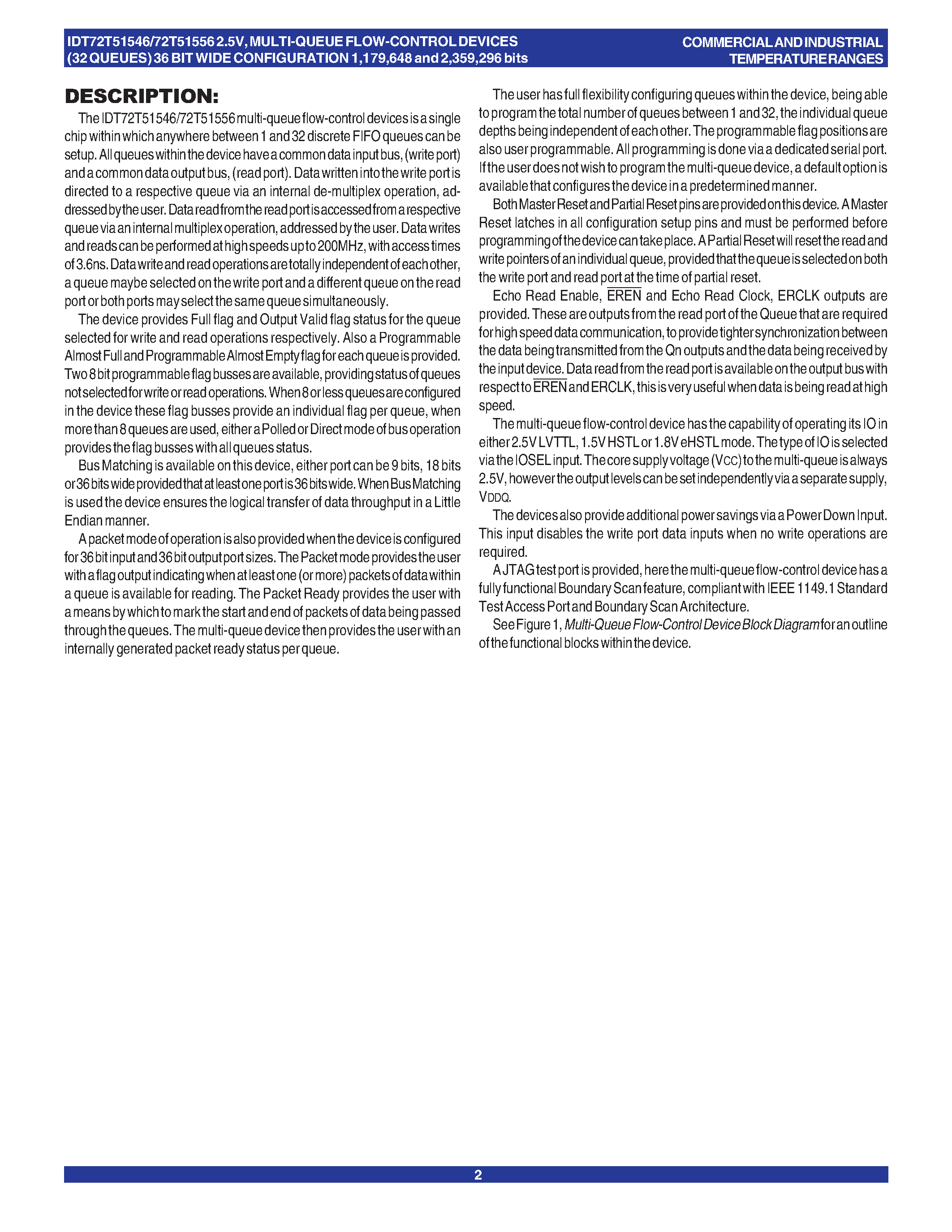 Datasheet IDT72T51546 page 2 Datasheet IDT72T51546 - (IDT72T51546 / IDT72T51556) 2.5V MULTI-QUEUE FLOW-CONTROL DEVICES page 2