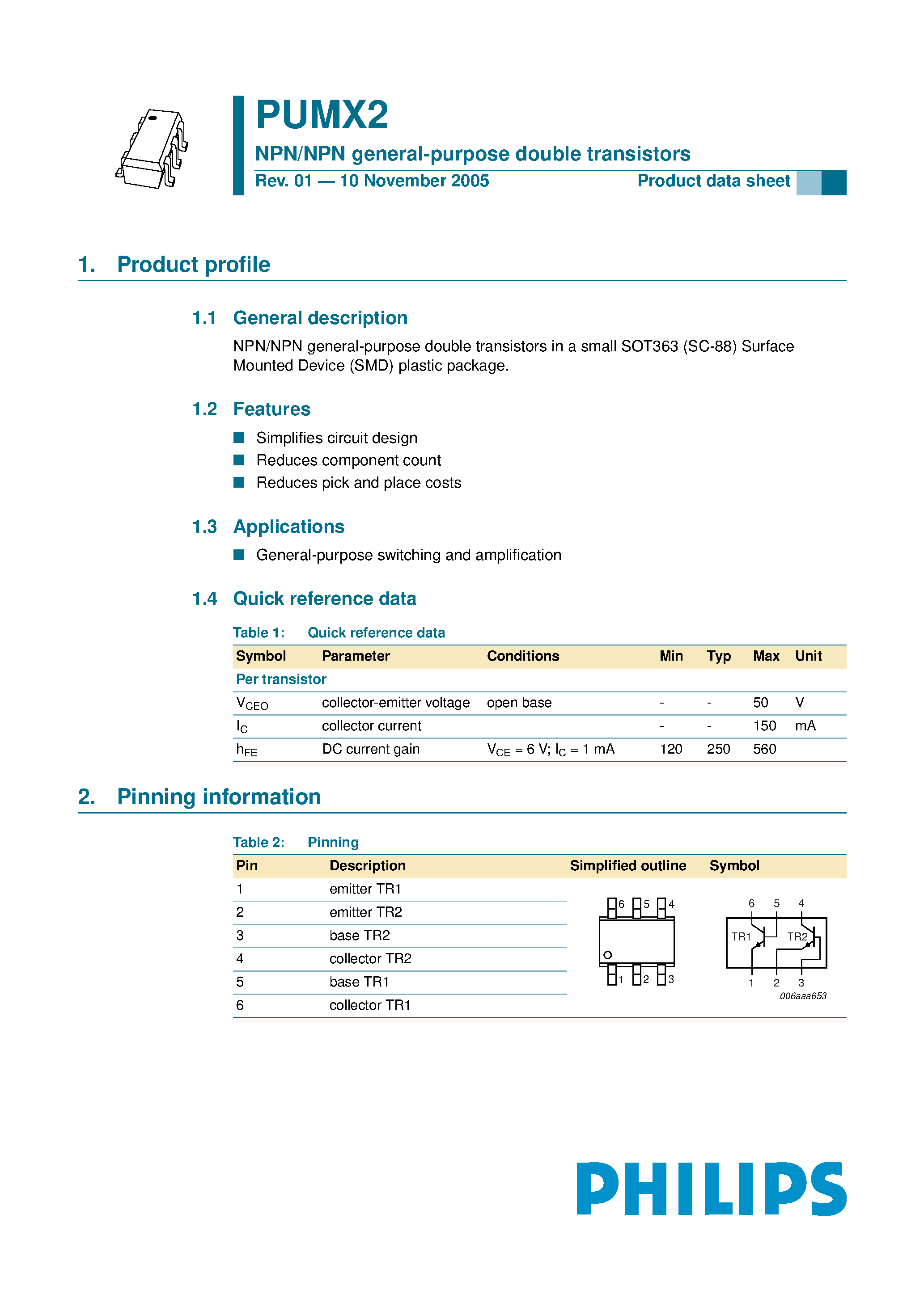 Datasheet PUMX2 - NPN/NPN general-purpose double transistors page 1