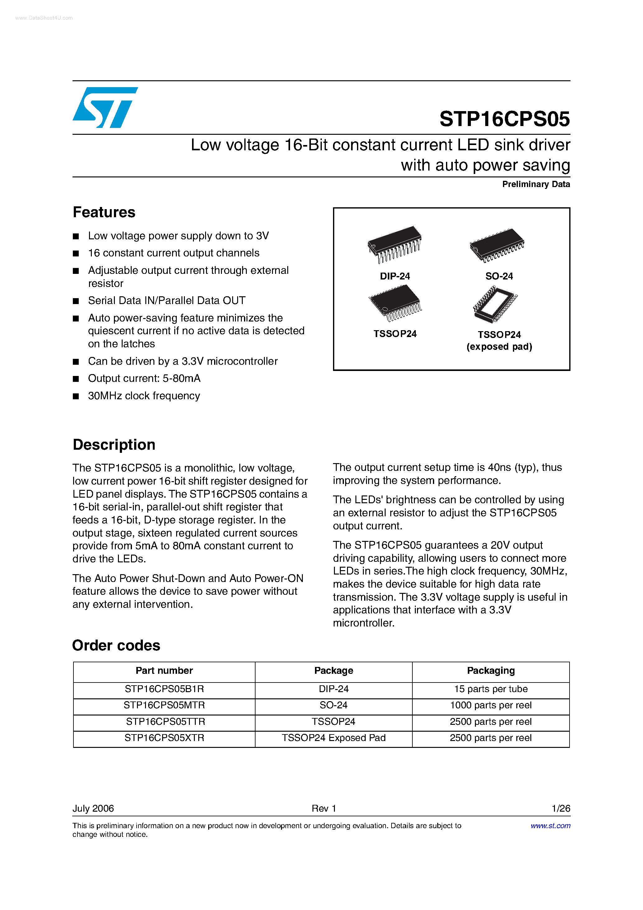 Datasheet STP16CPS05 page 1 Datasheet STP16CPS05 - Low voltage 16-Bit constant current LED sink driver page 1